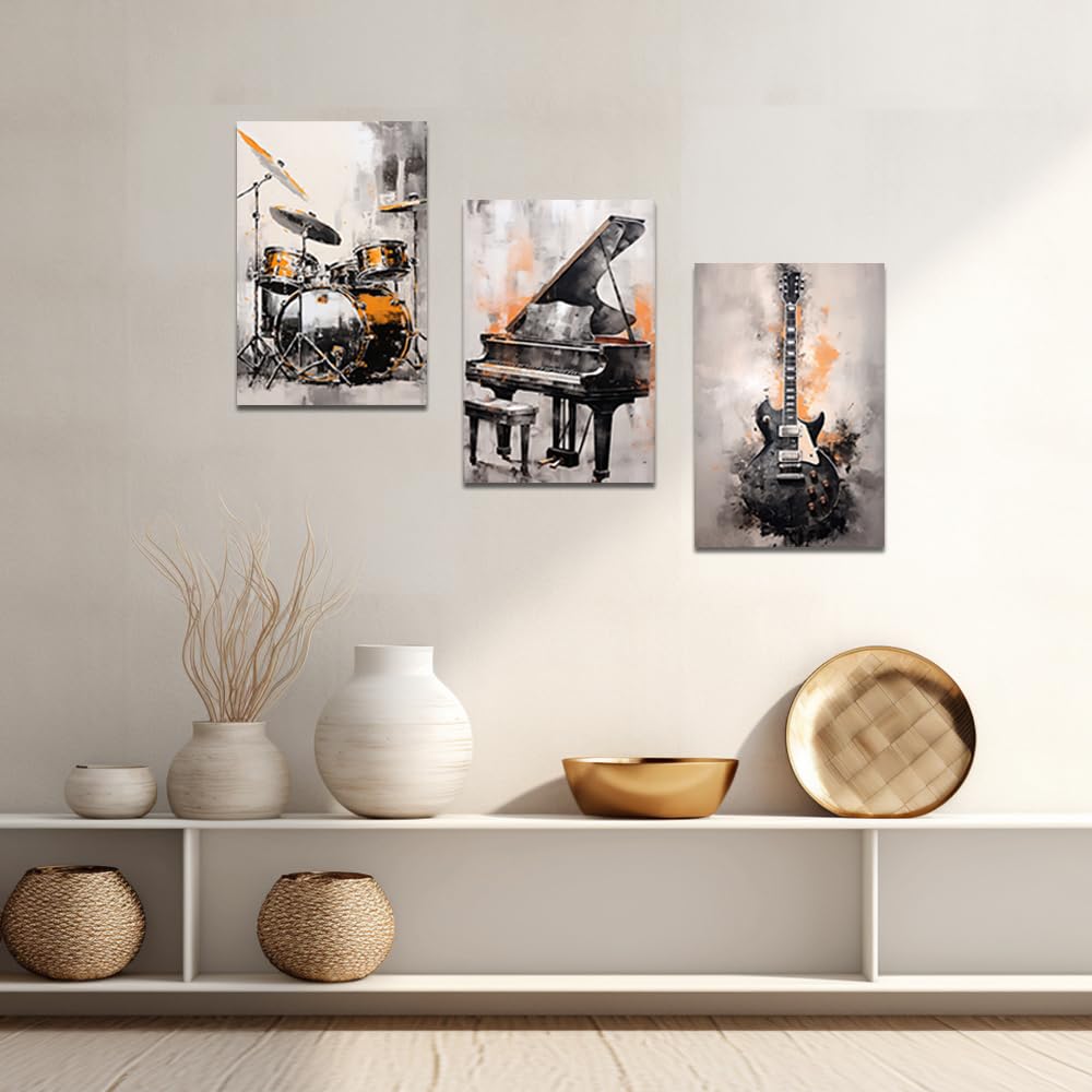 ZQQART, set di 3 stampe su tela con strumenti musicali astratti - Pianoforte, Chitarra, Batteria - Quadri per negozio di musica, decorazione da parete (40,6 x 60,9 cm, 3 pezzi)