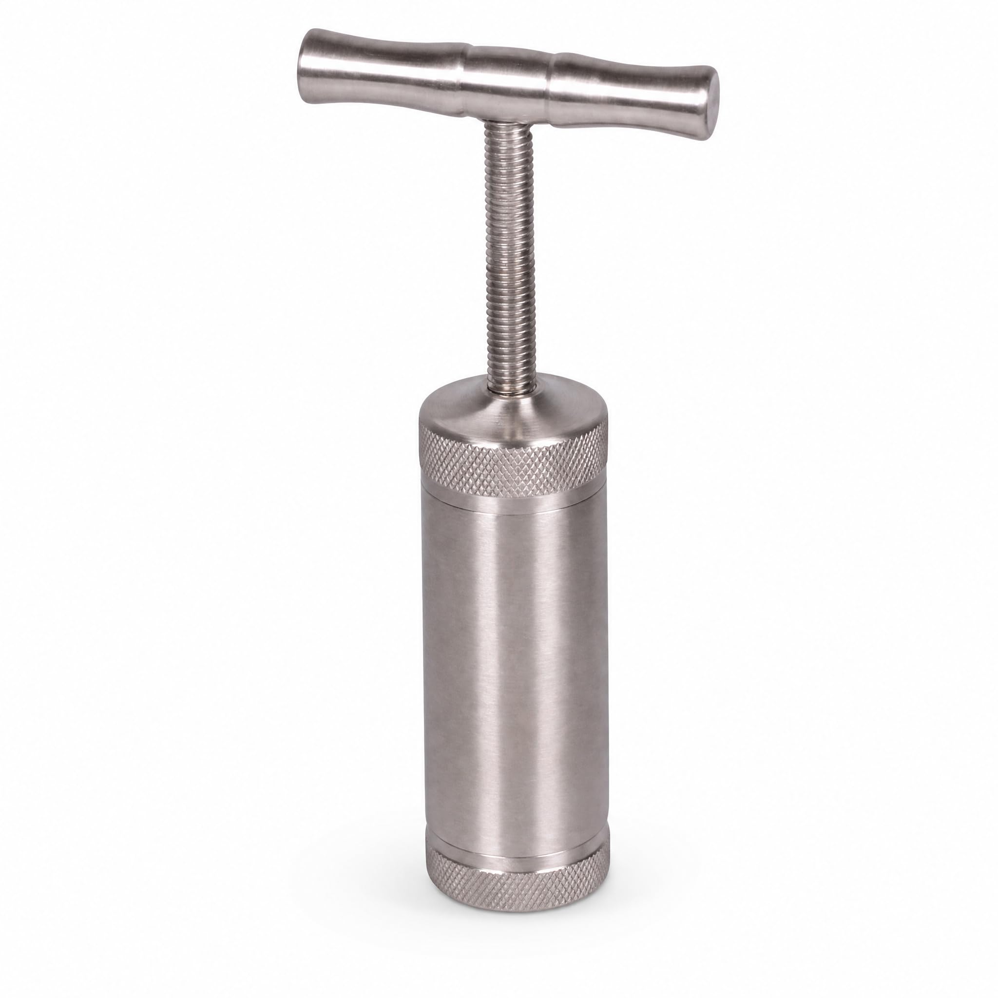 Kräuterpresse Pollenpresse T-Press aus Edelstahl, Manuelle Handpresse/Spindelpresse zum Verdichten von Kräutern, Gewürzen und Tabak, Ø 2,5 cm Presskammer, Höhe 11,5 cm, mit Aufbewahrungsbox