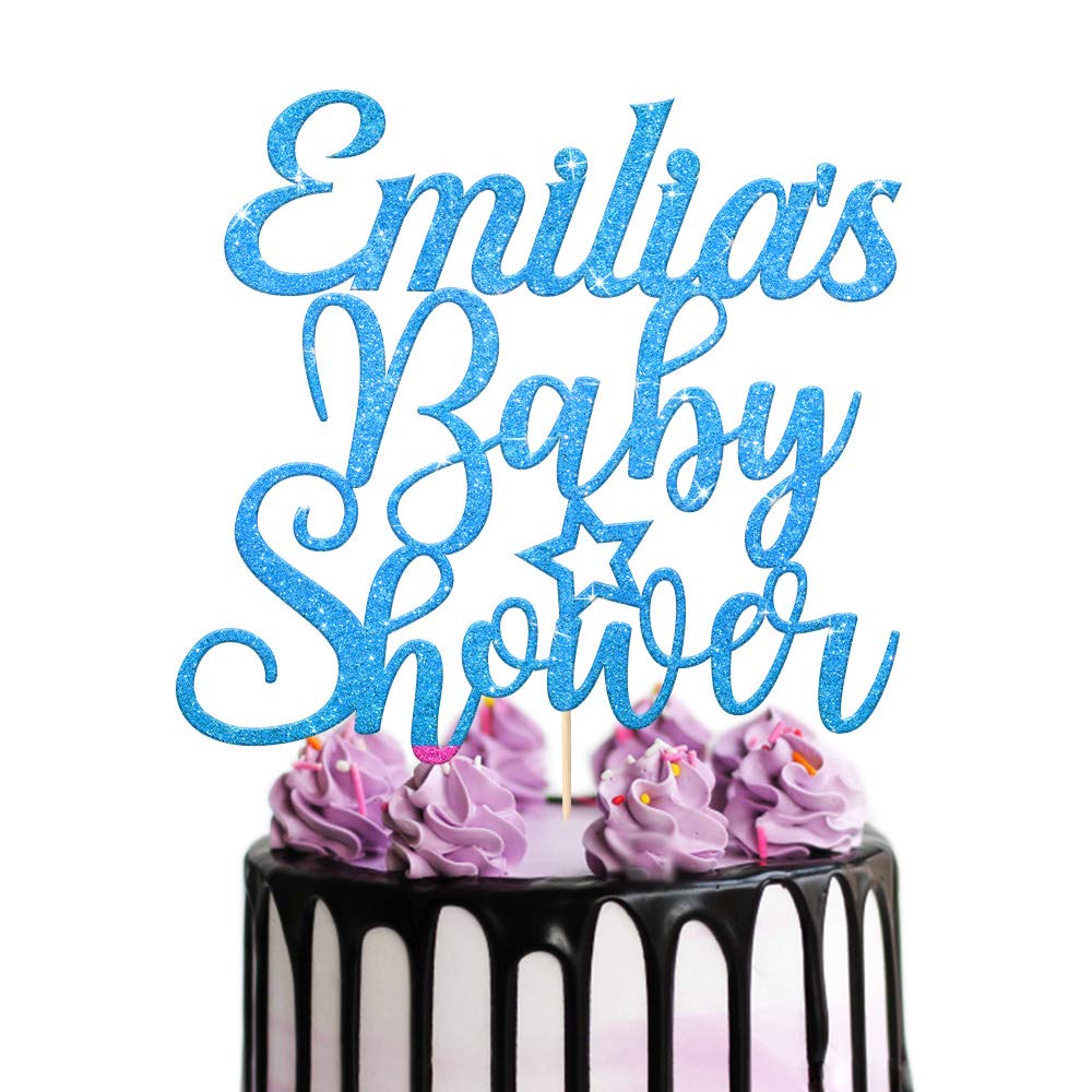 Baby Shower Cake Topper Name Personalised Hello Baby New Party Boy Girl Welcome Home Glitter Cake Topper | Double Sided Glitter Card Hand Finished in UK(Blue) โ image 1
