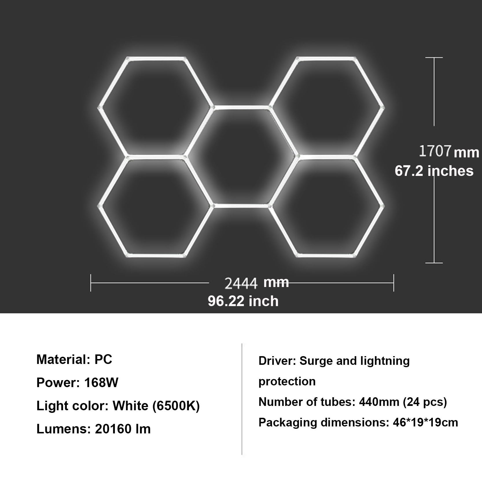 Panneaux LED hexagonaux à 5 ou 14 modules, grand format, 168 W ou 672 W, 6500 K, ultra-lumineux, for garage, atelier, entrepôt, detailing auto, bureau. Installation facile.(5 HEX)