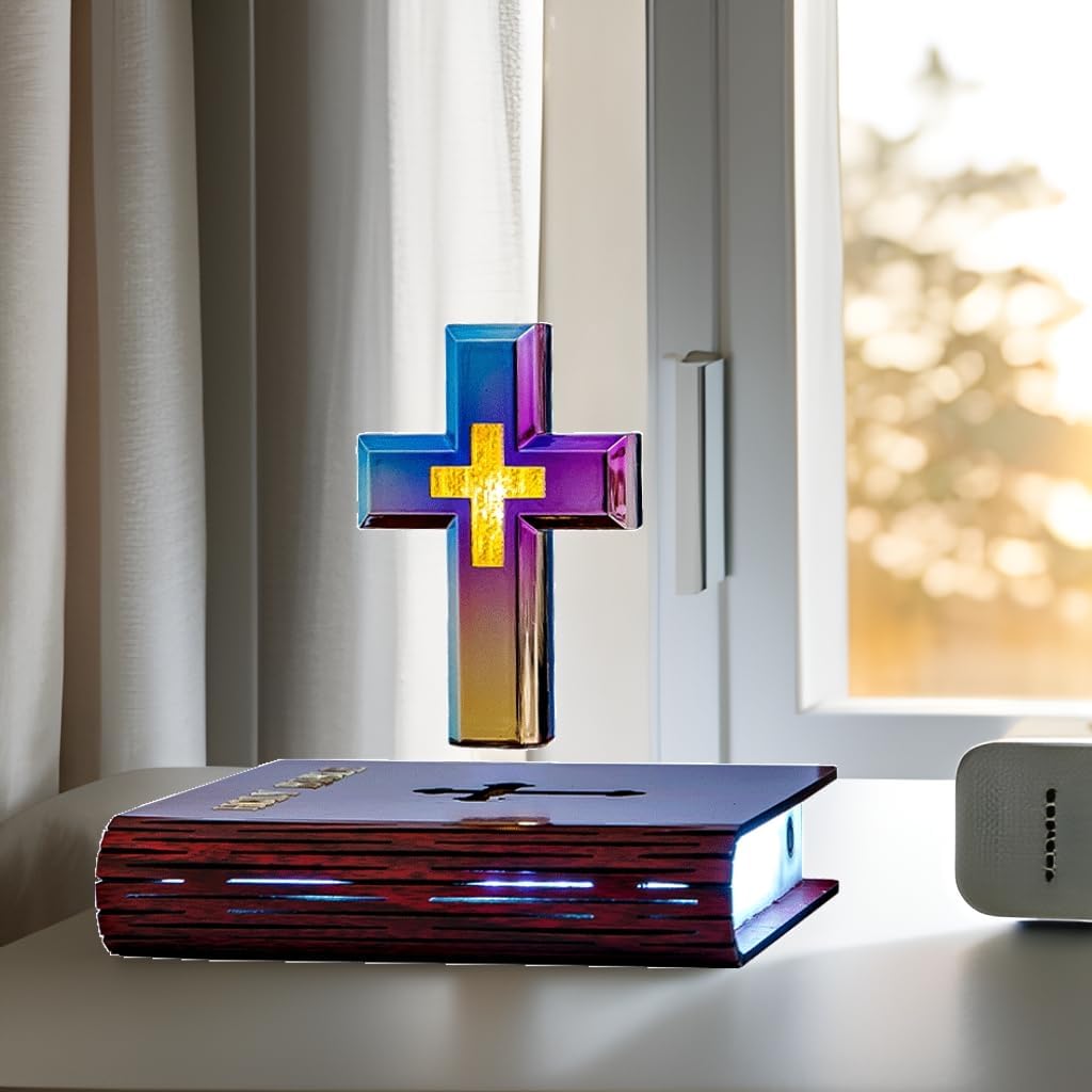 MOOCCI Levitating Cross Lamp Magnetic Floating Bible Night Light Colorful Levitation Cross Ornament with Glowing Base for Home Desk Table Decoration