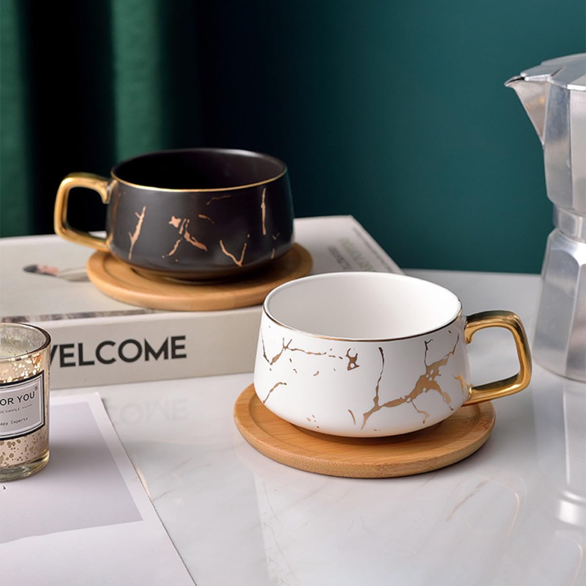 VALICLUD Set Tazze da Caffè in Ceramica Resistenti All’usura Piattino, Tazze da Latte Ergonomiche per Uso Quotidiano Domestico e Ufficio, Colore Bianco Opaco, Design Semplice per Colazione