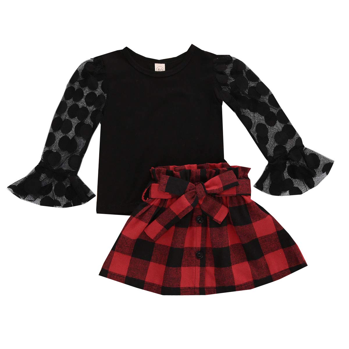 Toddler Baby Girl Fall Clothes Mesh Flared Long Sleeve T-Shirts Tops Plaid Skirts Christmas 2pcs Outfit Set (Black, 3-4 Years) …