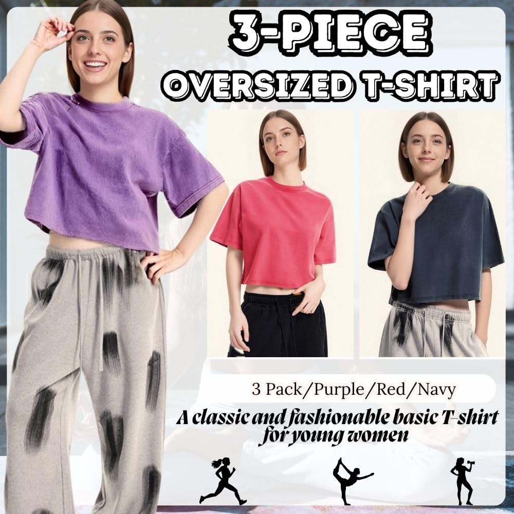 Camiseta Oversized para mujer, paquete de 3 unidades, manga corta, cuello redondo, camiseta de moda, camiseta de verano, hip hop, ropa de calle