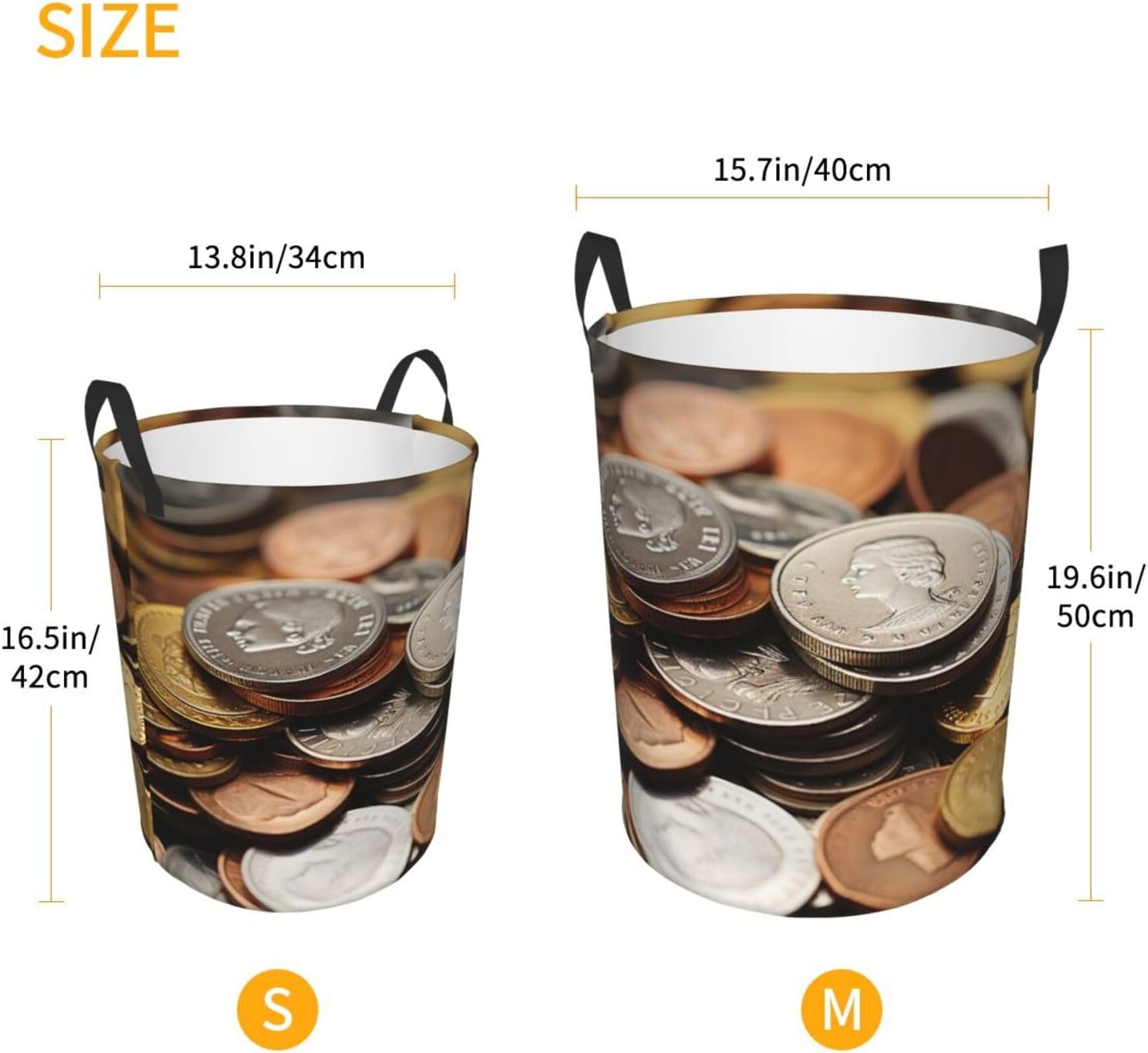 Currency Coin Laundry Basket With Handles, Foldable Laundry Hamper Oxford Cloth Dirty Clothes Basket Waterproof Clothes Toys Storage Bin Organizer for Bedroom Bathroom Dorm