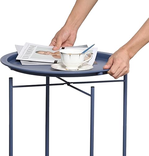 Vista 30 de VECELO Mesa auxiliar/auxiliar, plegable, redonda, de metal, antioxidante, impermeable, para exteriores o interiores, bandeja para sala de estar