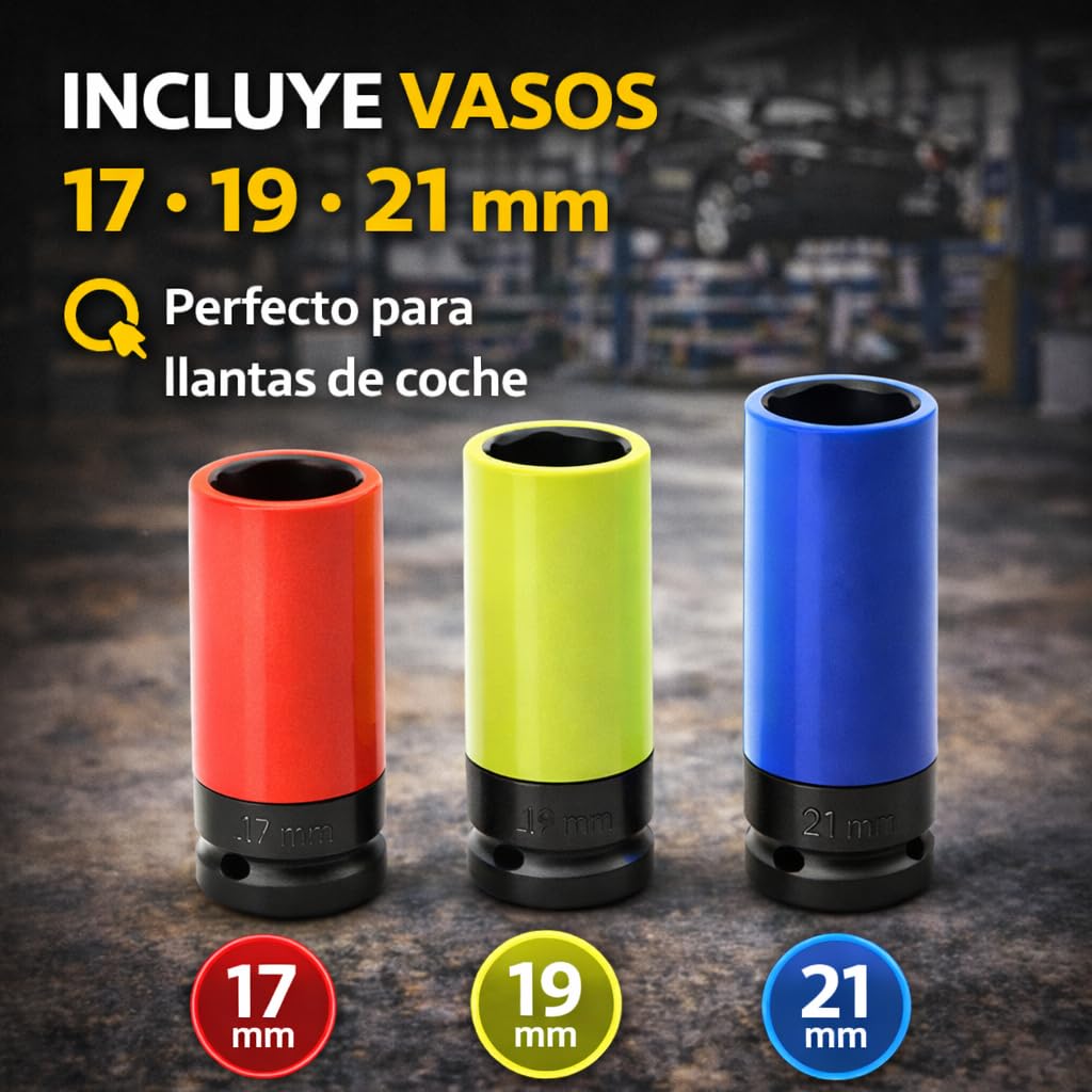 Llave Dinamométrica 1/2" Profesional 28-210 Nm + Vasos Impacto 17, 19 y 21 mm | Acero CrV Alta Resistencia | Carraca Reversible | Ajuste Preciso de Par para Llantas y Mecánica