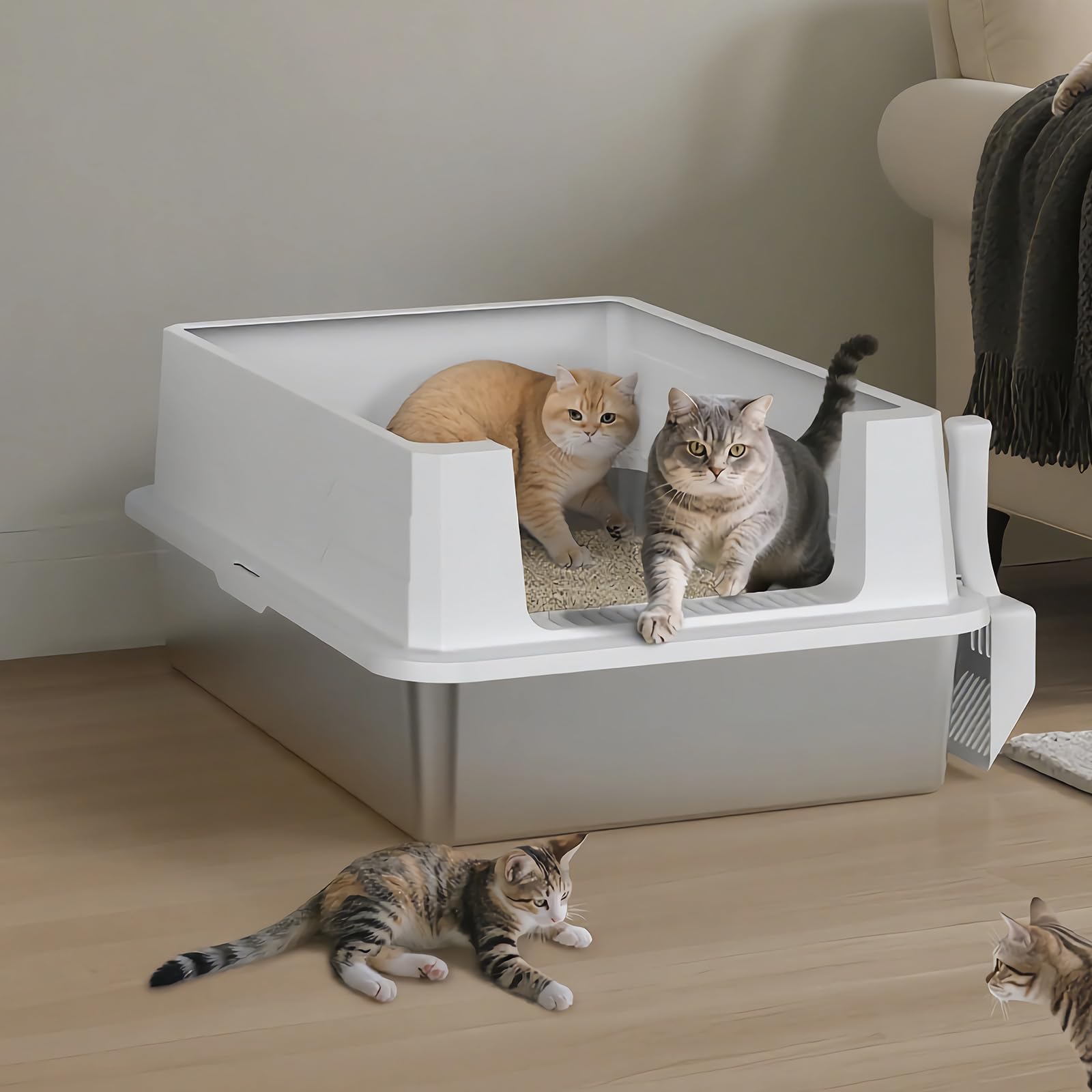 MIXJOY XXXL Stainless Steel Cat Litter Tray, Metal Cat Litter Box with 31cm High Sided, 71cm Extra Large Litter Box with Detachable Lid for Big Cats/Multiple Cats, with Litter Scoop, 71x51x31cm