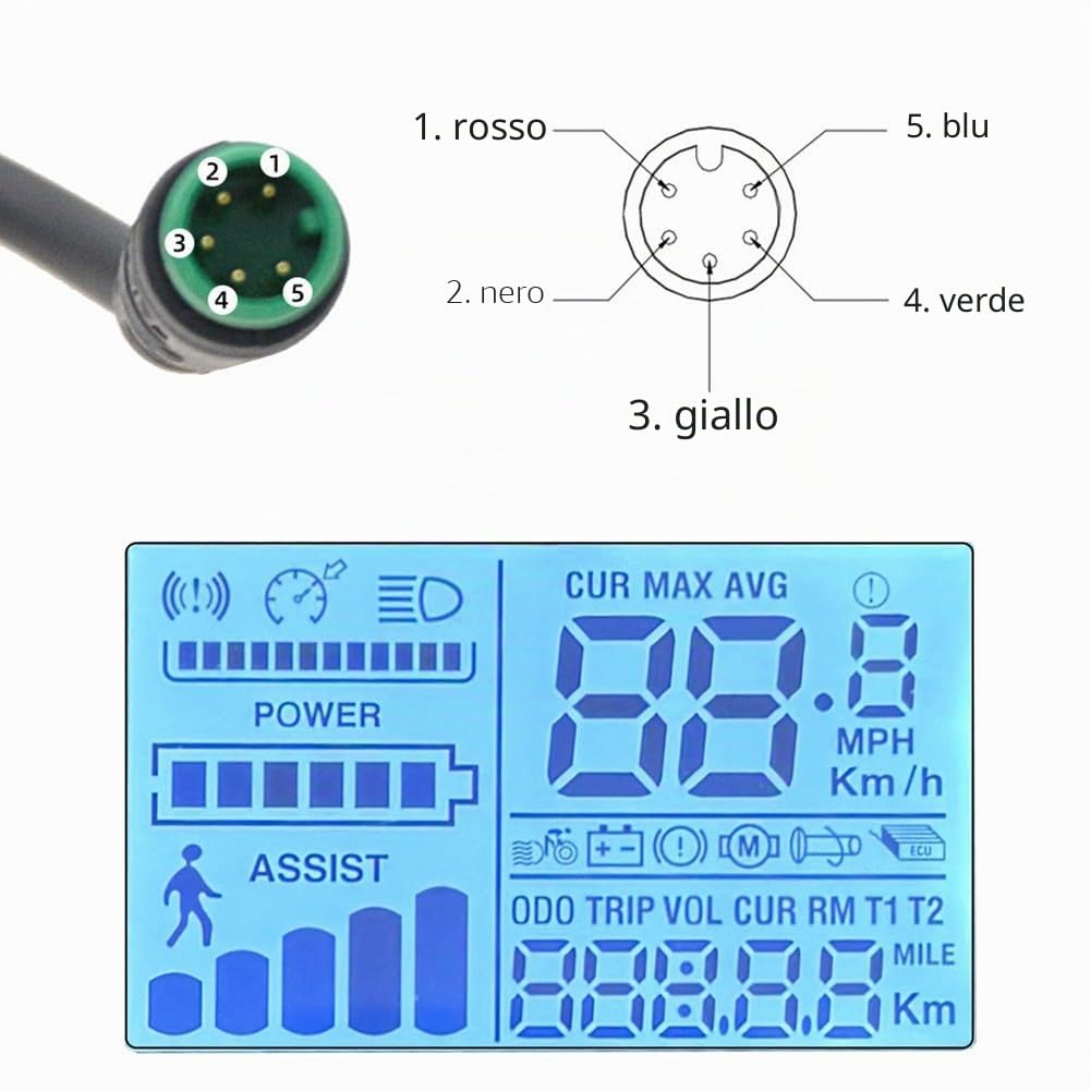 Display LCD impermeabile GD01 con connettore a 5 pin per biciclette elettriche, compatibile con impostazioni di tensione 24V/36V/48V