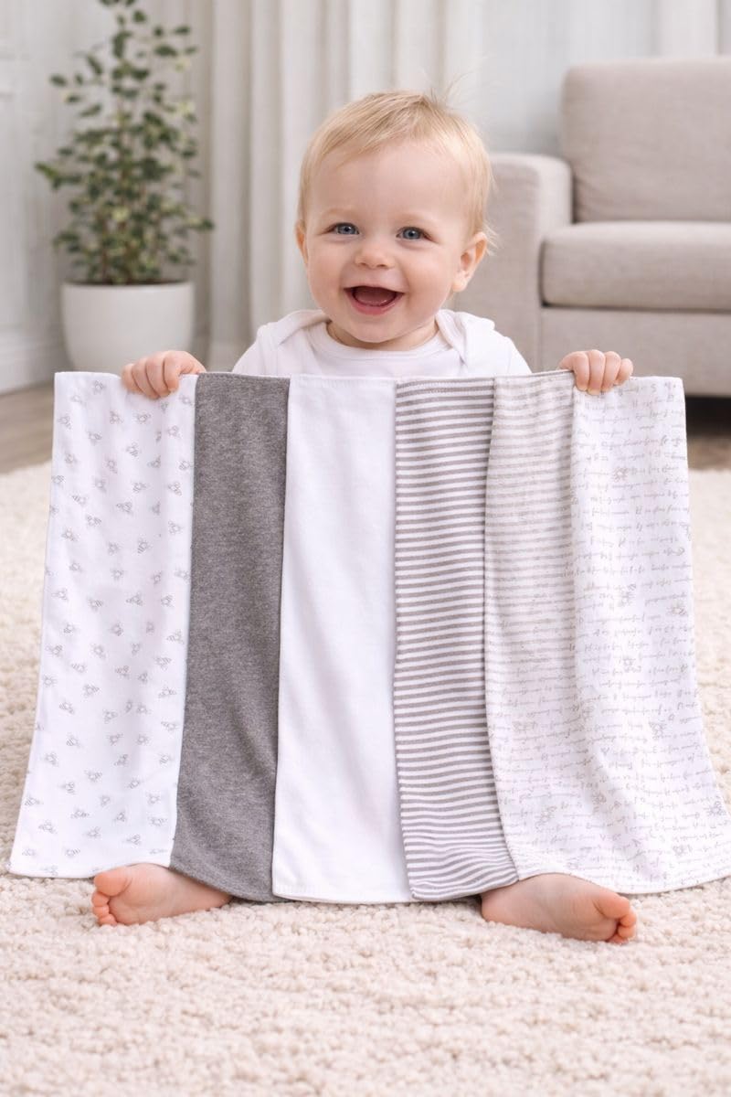 TuddyBuddy Baby Burp Cloth Towel Napkins for Baby Large 17x12 Inches, Fine Double Layer 100% Cotton (5 Pcs Burp Towels, Grey Bees) 1