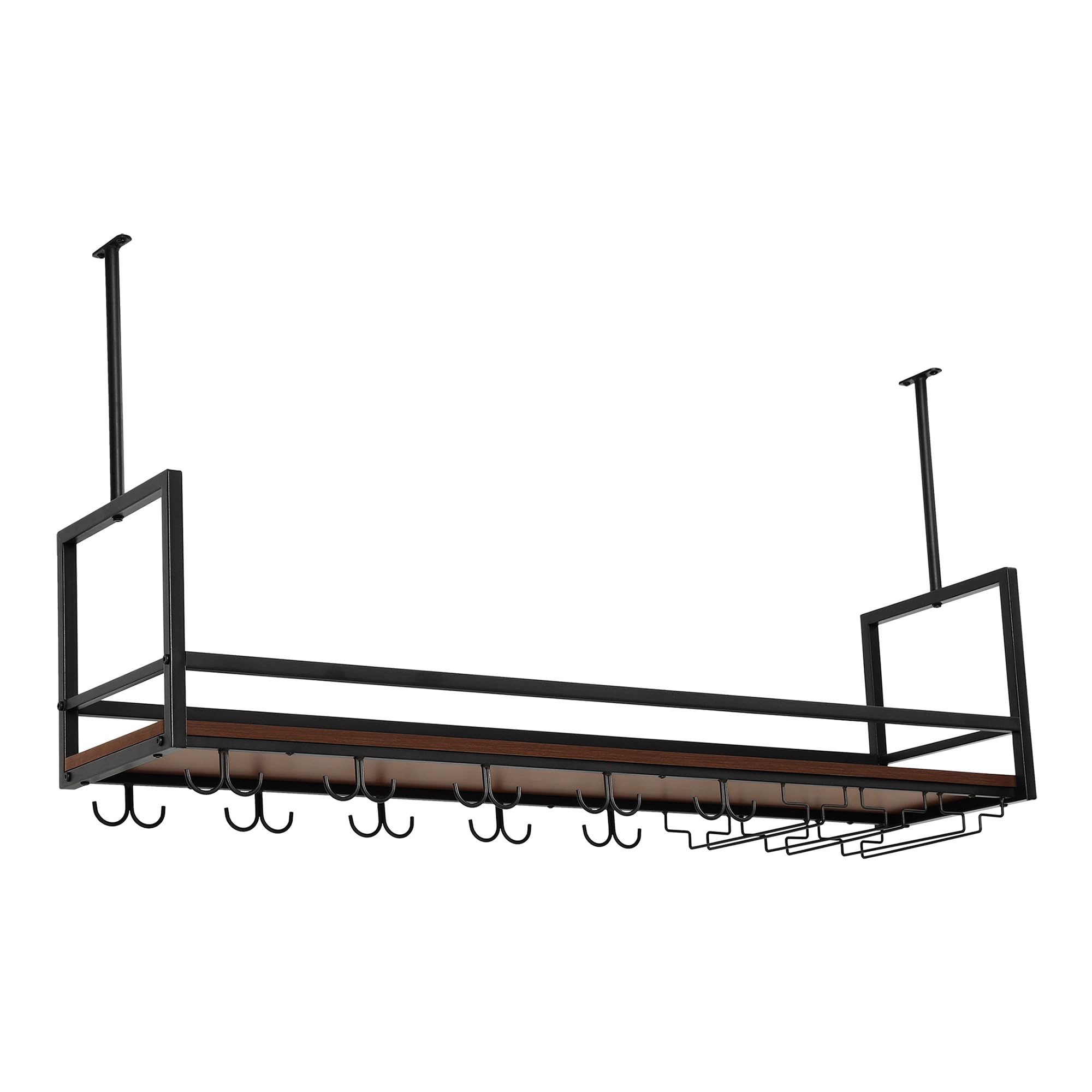 [en.casa] Botellero Vino Borejle Estantería Estante de Techo para Vino Licores Soporte Colgante para Copas Tazas para Cocina Cafeterías Metal/MDF 120 x 30 x 65 cm Negro y Efecto Nogal