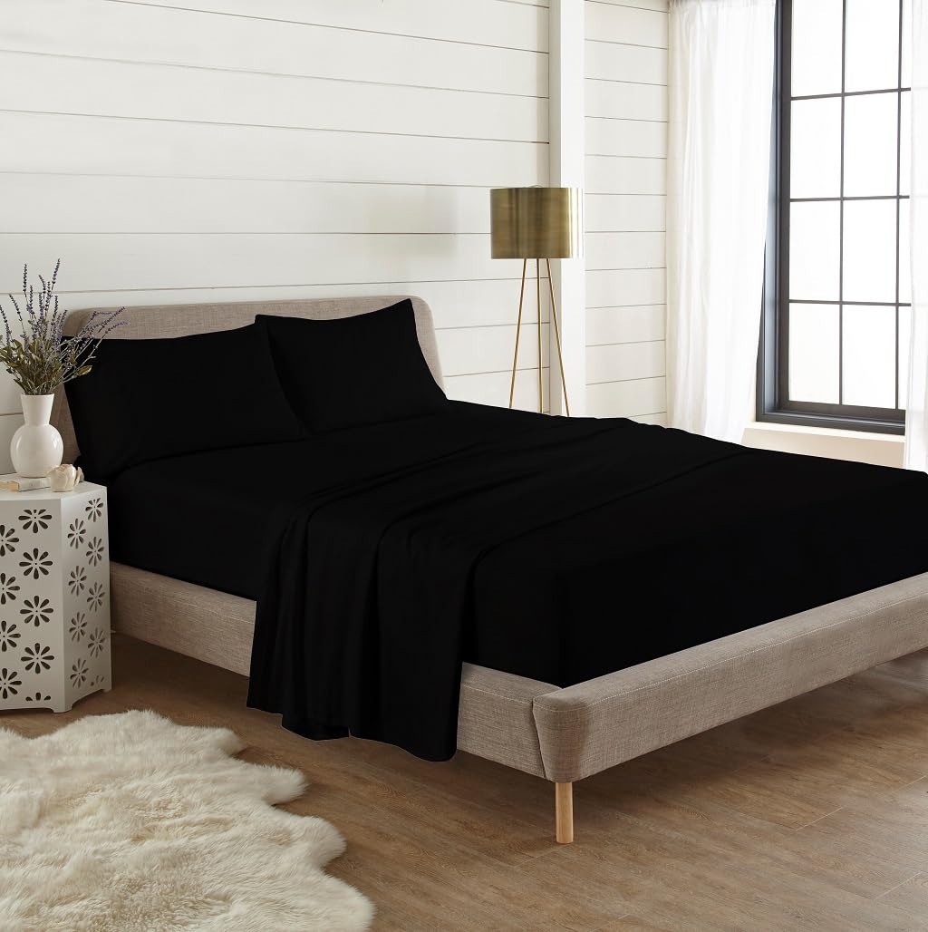 Dazzle Collection 100% Brushed Cotton Thermal Flannelette Fitted Sheet 25cm Deep Mattress Sheet Soft & Cozy Fitted Bed Sheet (Black, King)