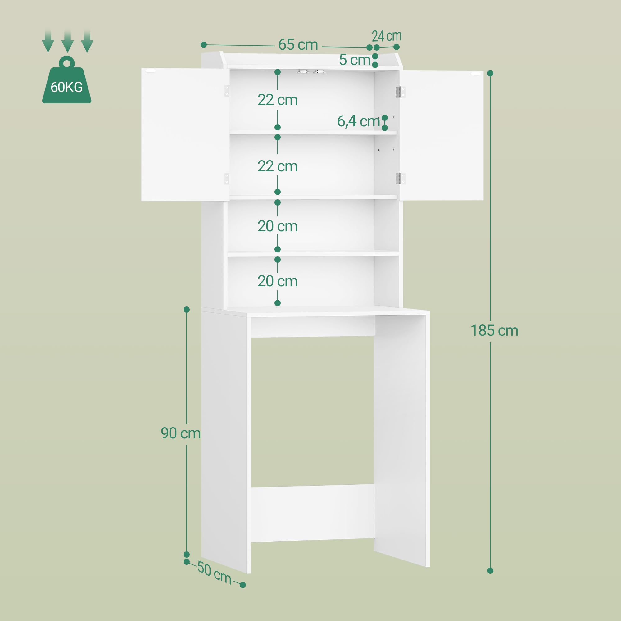 Hzuaneri Waschmaschinenschrank, Waschmaschinenregal, mit 2 Türen, Verstellbare Regale, Überbauschrank, 50 x 65 x 185 cm, Weiß, LR66003X