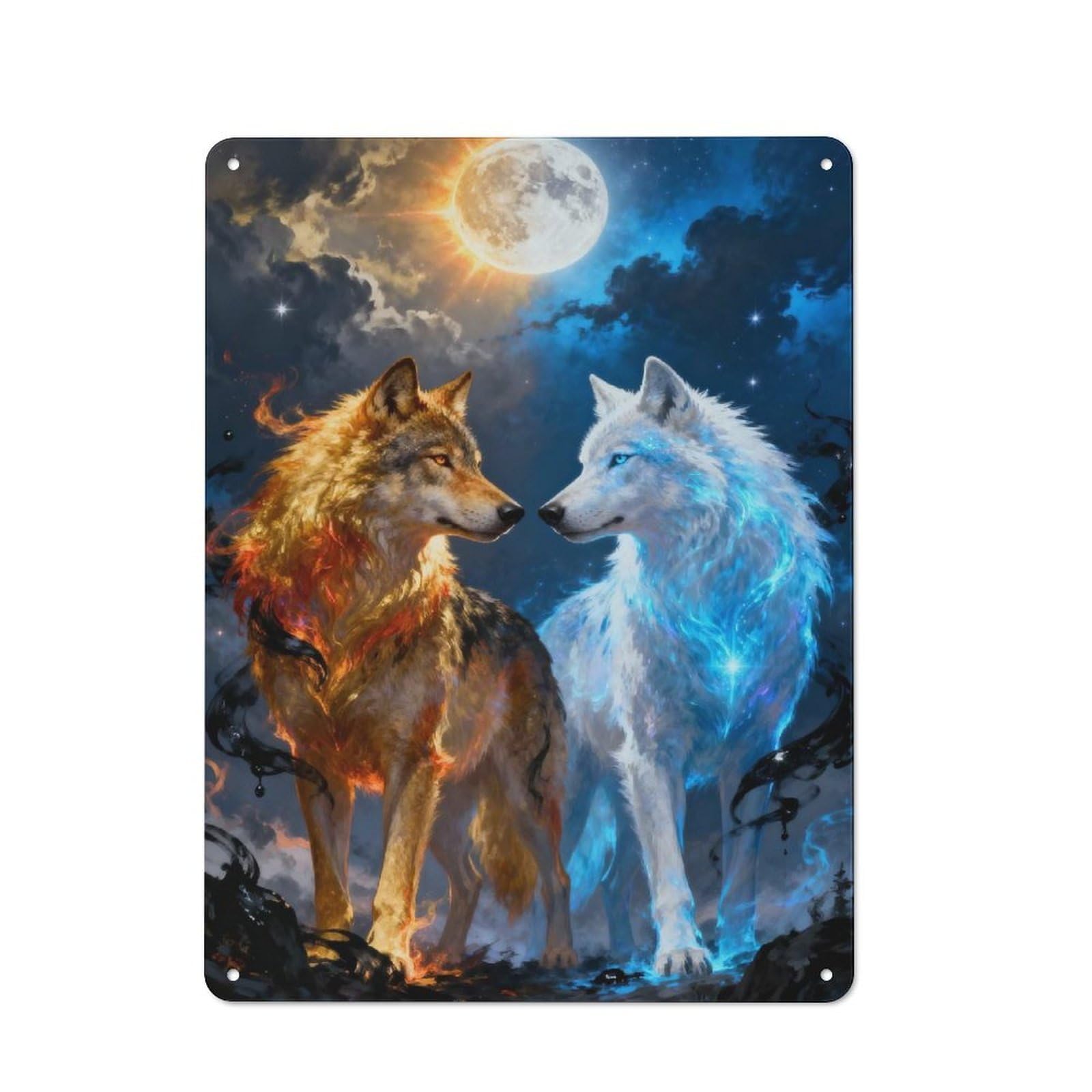 Junmoney Style-10 Workshop Style Fire And Ice Wolves Decorative Metal Plaque 40X30cm, Workshop Wall Decor For Garage, Hobby Room, Office Or Man Cave