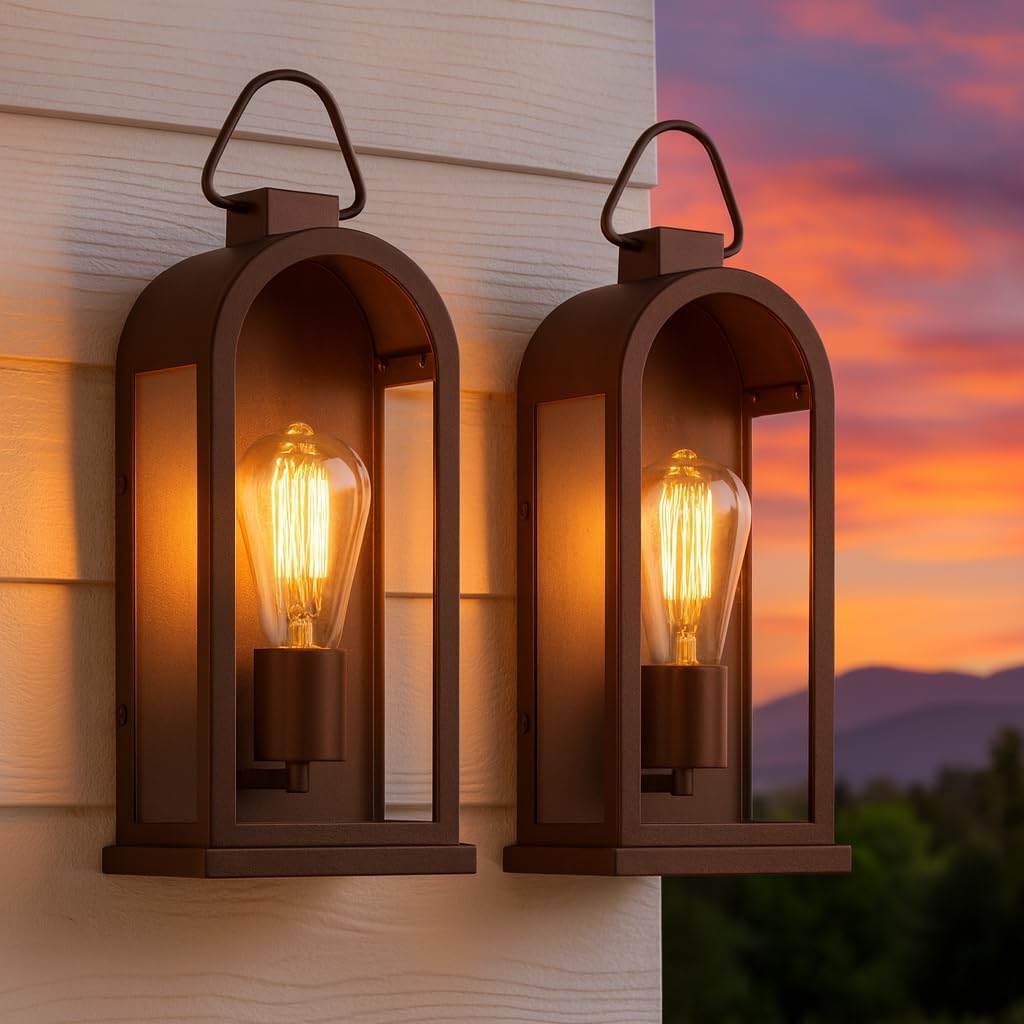 Vintage Outdoor Wall Light Fixtures (2 Pack) - Dark Brown Porch Lantern/Exterior Wall Sconce, Glass Shade, Sturdy Metal Frame, Waterproof & Anti-Rust, for Entryway/Garage/Patio/Doorway, E26 Socket
