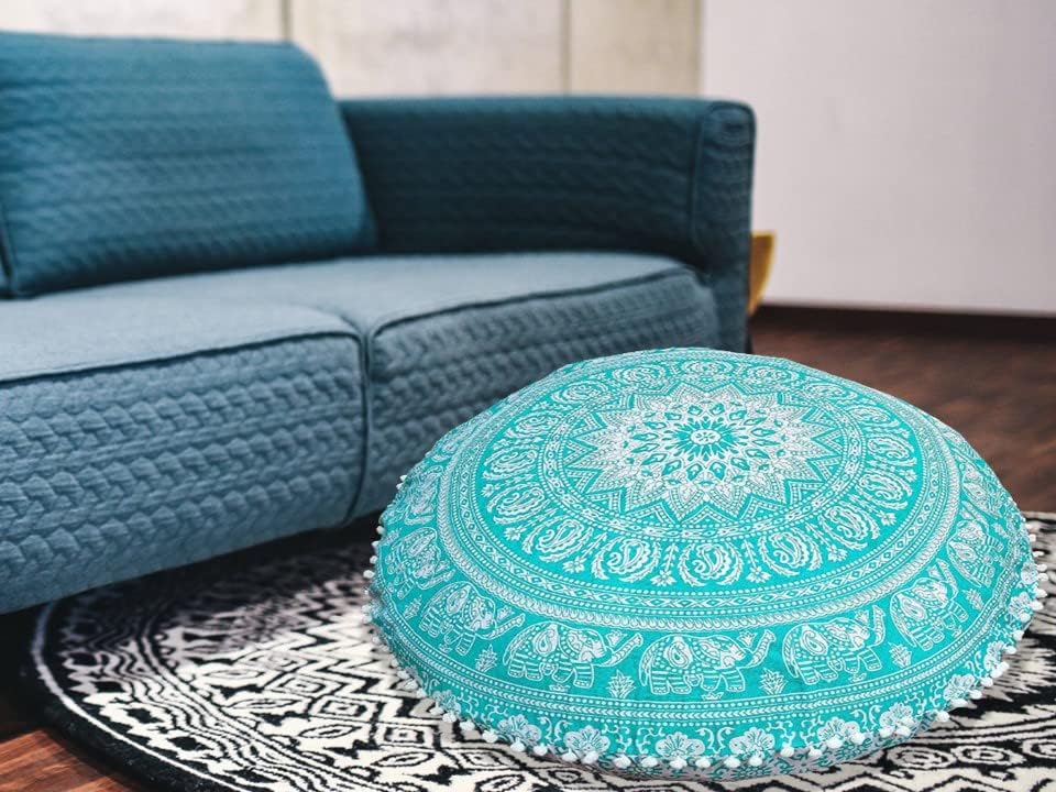 Miniatura 5 de Almohadas redondas para el suelo con estampado de elefante, funda de meditación con mandala, diseño floral para el hogar (funda de almohada de 32