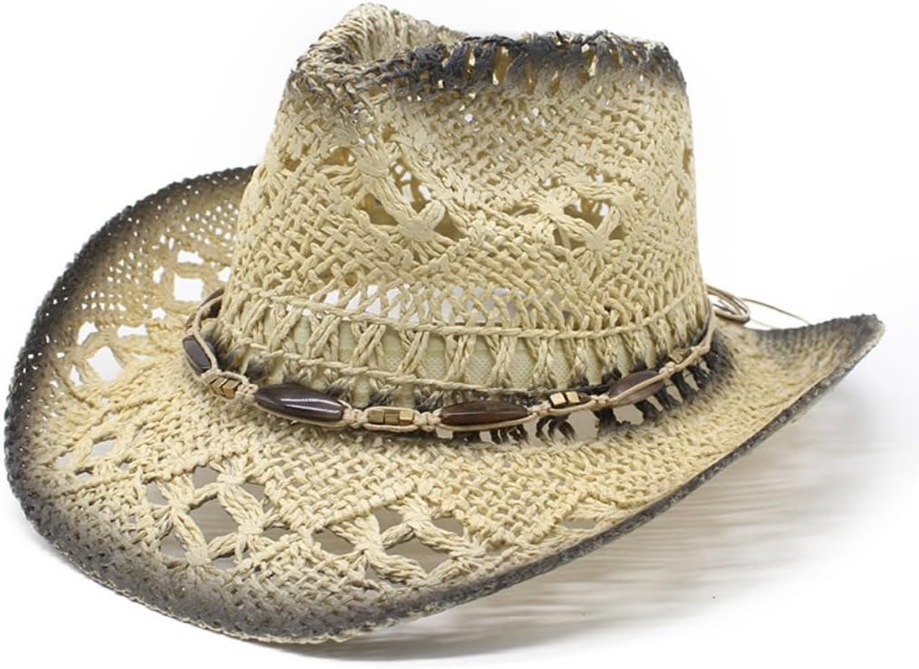 Western Straw Cowboy Hat with Beaded Band, Hollow Weave Design, Brown