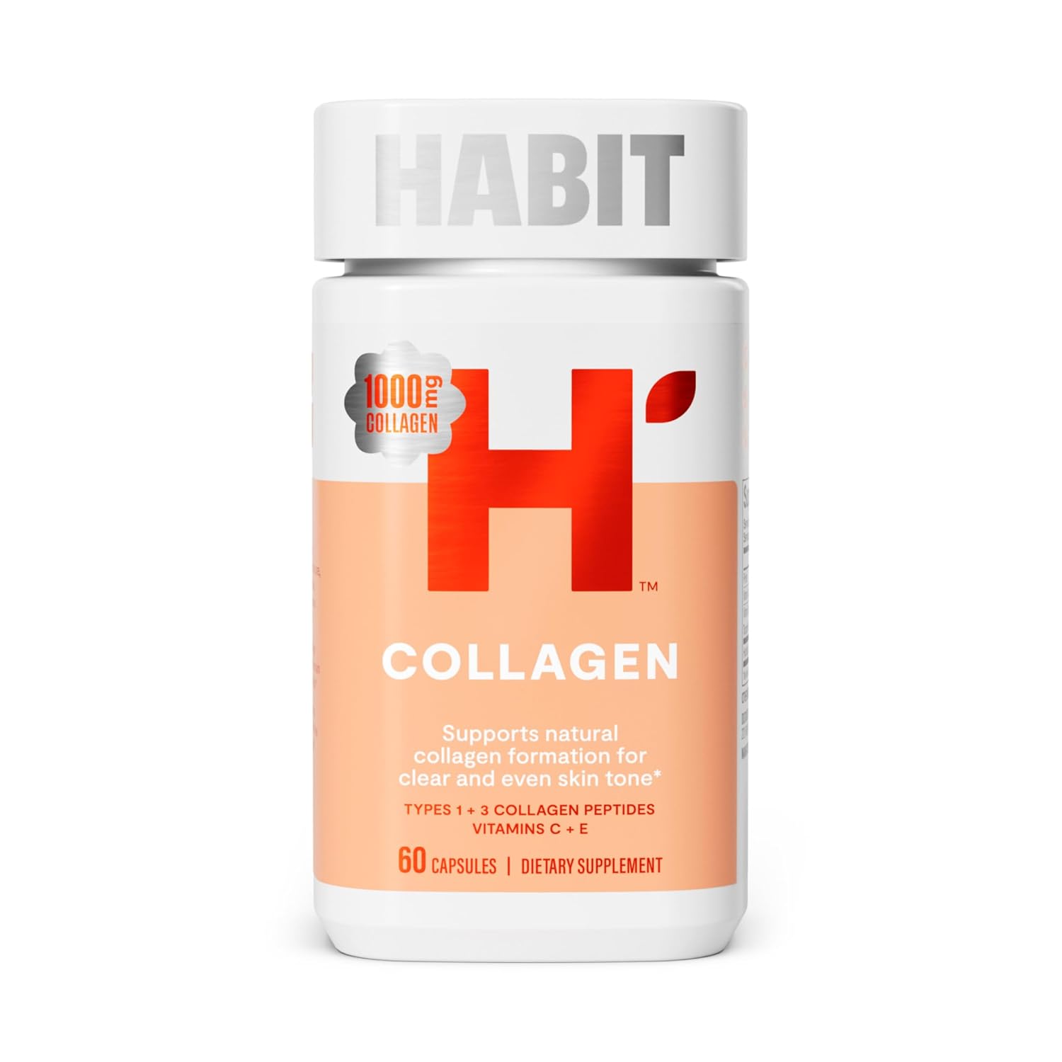 Suplemento de Colágeno Habit (60 Cápsulas) - Nova Embalagem, 2000mg de Peptídeos de Colágeno, Vitamina C & E, Saúde da Pele, Antioxidantes, Livre de GMO, Sem Glúten (1 Pacote)