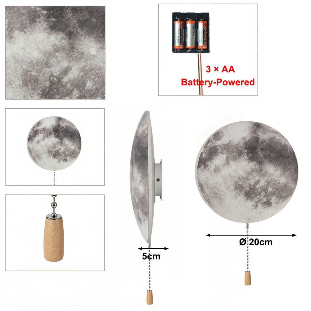 EaEa Wandlampe Mond Kinderzimmer LED Batterien Wandleuchte mit Zugschalter 3 Farbtemperaturen Kabellose Nachtlicht Wand Moonlampe für Kinder Madchen Junge Baby Schlafzimmer Nachttischlampe