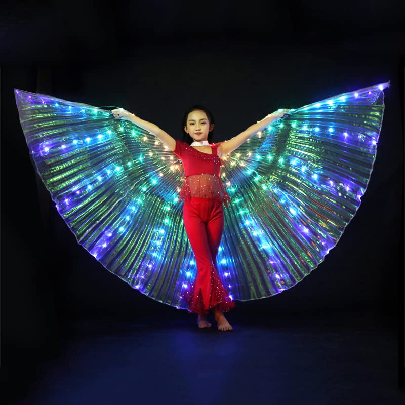 LED Isis Wings Glow Light Up Belly Dance Costumes with Sticks, Led Butterfly Wings,Led Glow Angel Wings, Ideal for Carnival,Stage,Halloween Christmas Party (Kids Colorful)