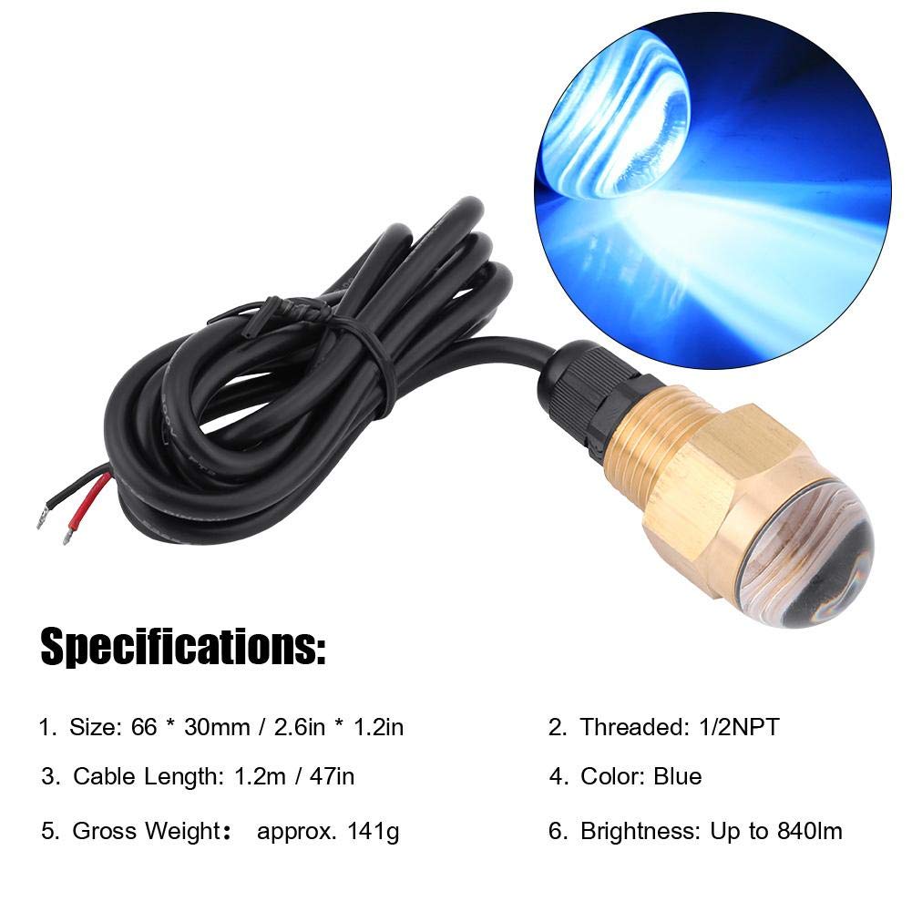 EVGATSAUTO Lampe LED Sous-Marine pour Bateau, Laiton et Verre, Bleu, 12V, 840lm, Câble 1,2m, Bouchon de Vidange NPT 1/2