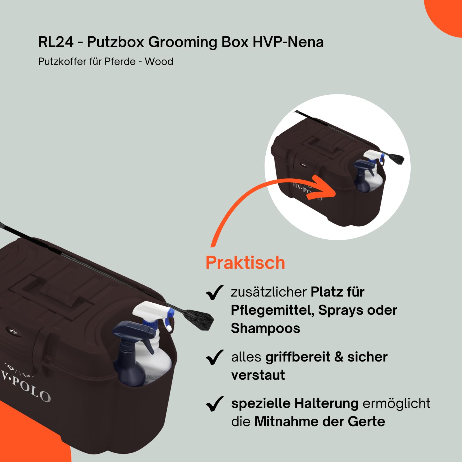 RL24 - Putzbox Grooming Box HVP-Nena – Braun (Wood) | Putzkoffer für Pferde – Putzkasten aus Hartplastik – mit Halterung für Gerte & 3 Innenbereichen – robuste Putzkiste