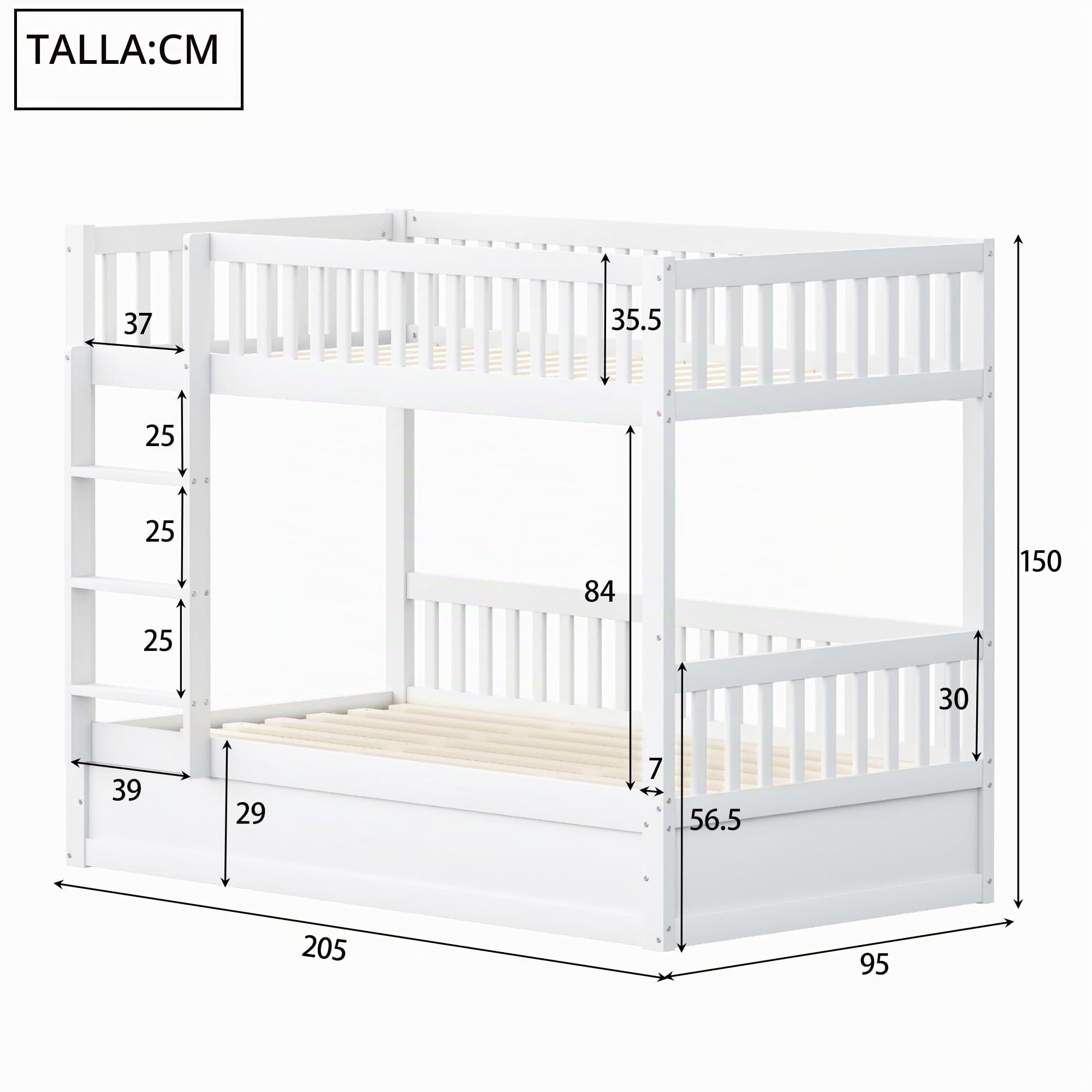 Litera para niños, sistema de almacenamiento hidráulico de madera maciza, resistente y duradera para niños (hidráulica, blanco, 90 x 200 cm)