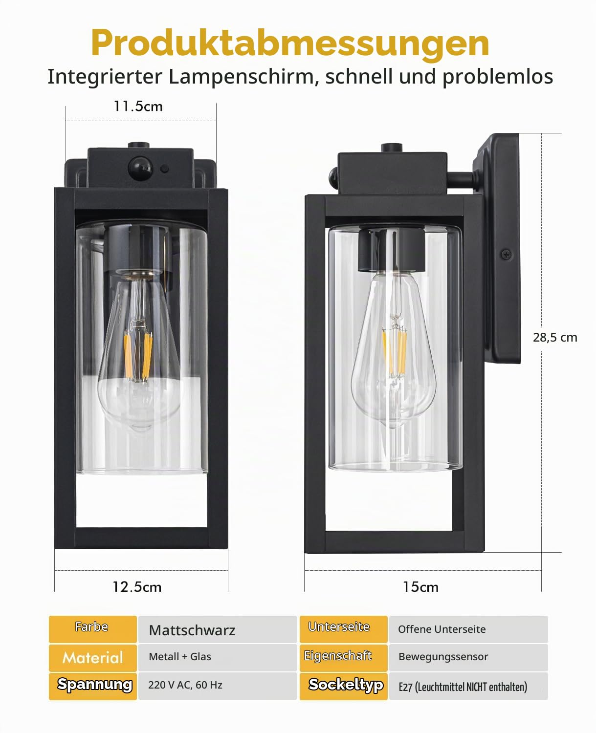 FTL Aussenlampe mit Bewegungsmelder, 3 Beleuchtungsmodi Außenleuchte Wand, Aussenleuchte E27, Aussenbeleuchtung Hauswand, Schwarz Wandleuchte Aussen Dämmerungsschalter Außenlampe für Veranda Yard IP44