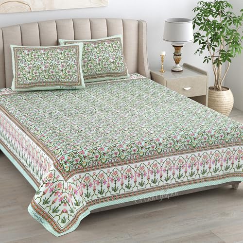 Image of Urban Jaipur 100% Cotton Bedsheet for Double Bed (90 x 108 Inches) | 210 TC King Size Bed Sheet for Double Bed with 2 Pillow Covers | Pure Cotton Jaipuri Bedsheet (Red, Green)