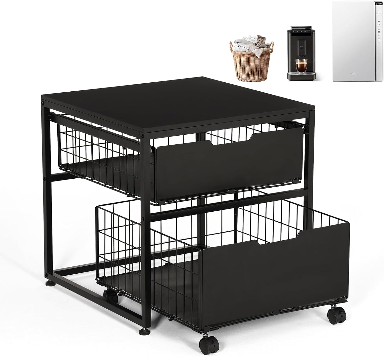 KELIXU Mini Fridge Stand with Storage Drawer, Small Refrigerator Cart with Wheels, Heavy Duty Microwave Stand, 21.7" L x 21.7" W Mini Fridge Cabinet for Dorm, Home, Office, Hold 300 LBS, Black