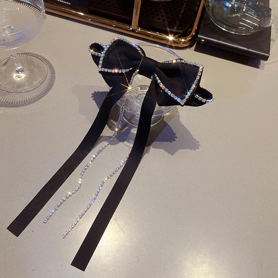 Large Bow Hair Clip Long Ribbon Hair Bows Rhinestone Tassel Hair Clip Barrette French Design Hair Styling Accessories for Women Girls - Image 3