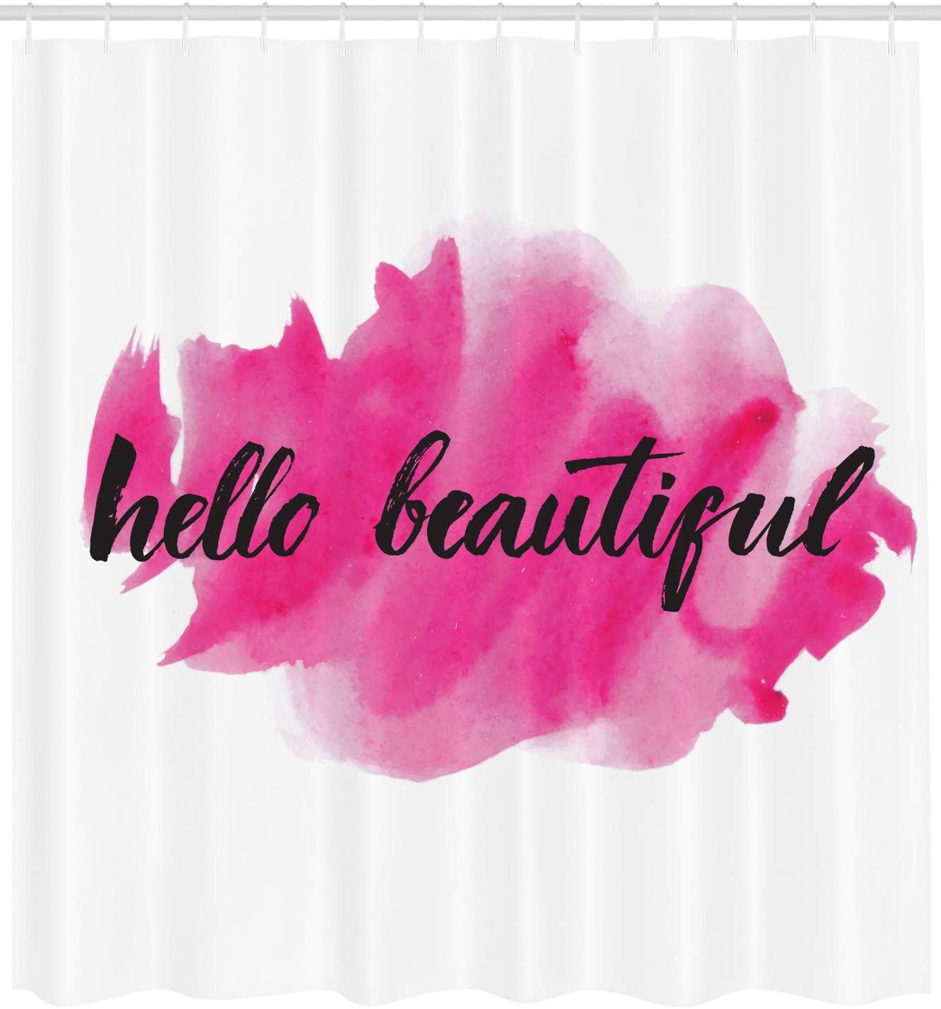 Ambesonne Hello Shower Curtain, Words in HLettering Calligraphic Design on Pink, Cloth Fabric Bathroom Decor Set with Hooks, 69" W x 75" L, Magenta Black