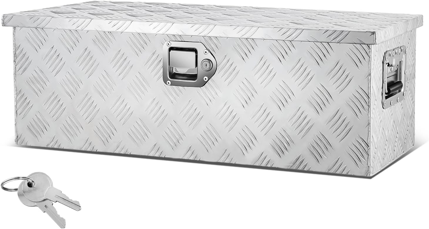 Auto Dynasty Heavy Duty Aluminum Diamond Plate Tool Box for Pick Up Truck Bed RV Trailer Waterproof Square Storage Organizer with Side Handle, 30.3'' W x 13.0" D x 10.2" H, Lock and Keys - Silver