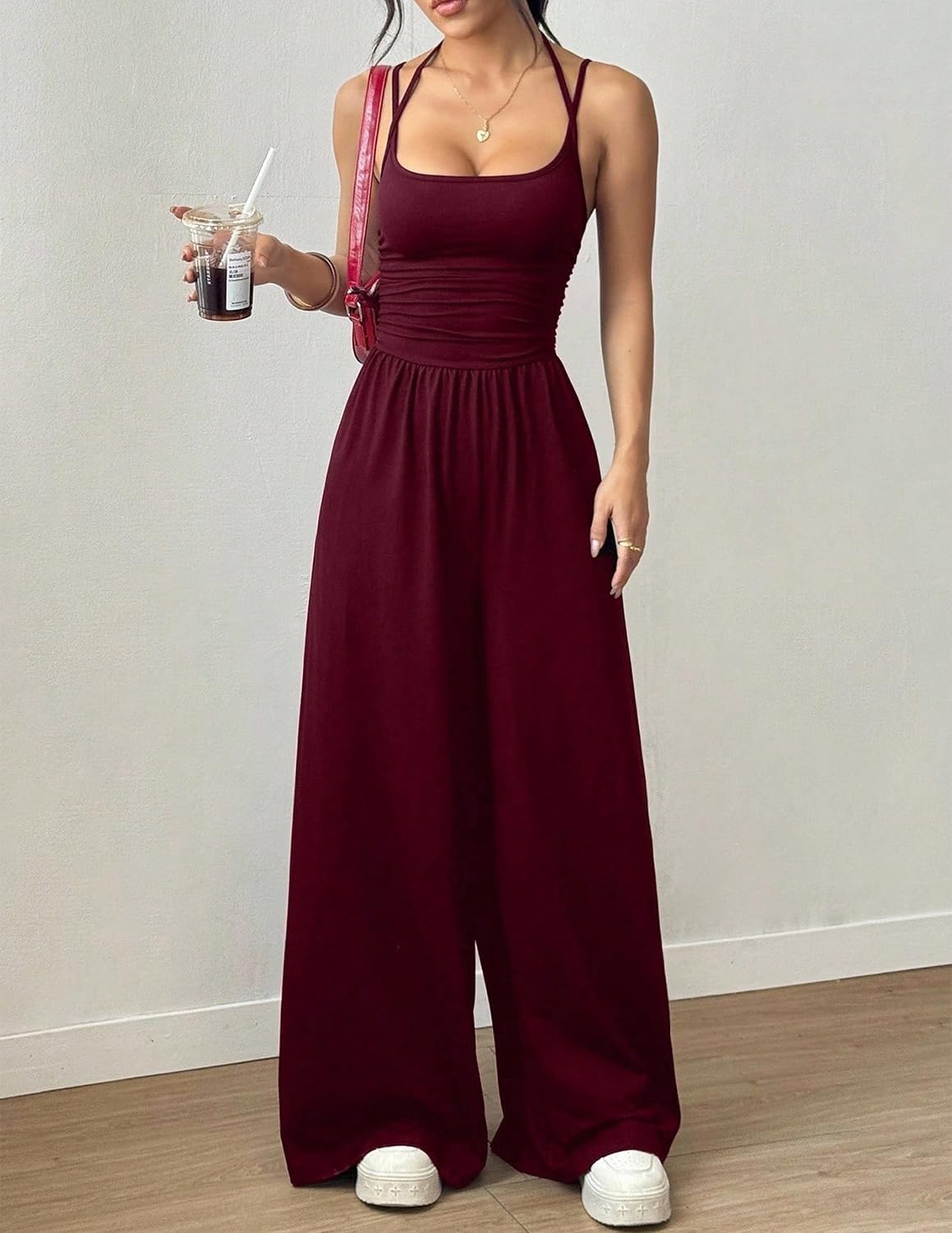 LIAMERHE Mono Largo Mujer Verano Elegante Sexy Cuello Halter Espalda Descubierta Pantalón de Pata Ancha Cintura Alta Casual Jumpsuit para Fiesta Boda Playa Overalls Moda Playsuit
