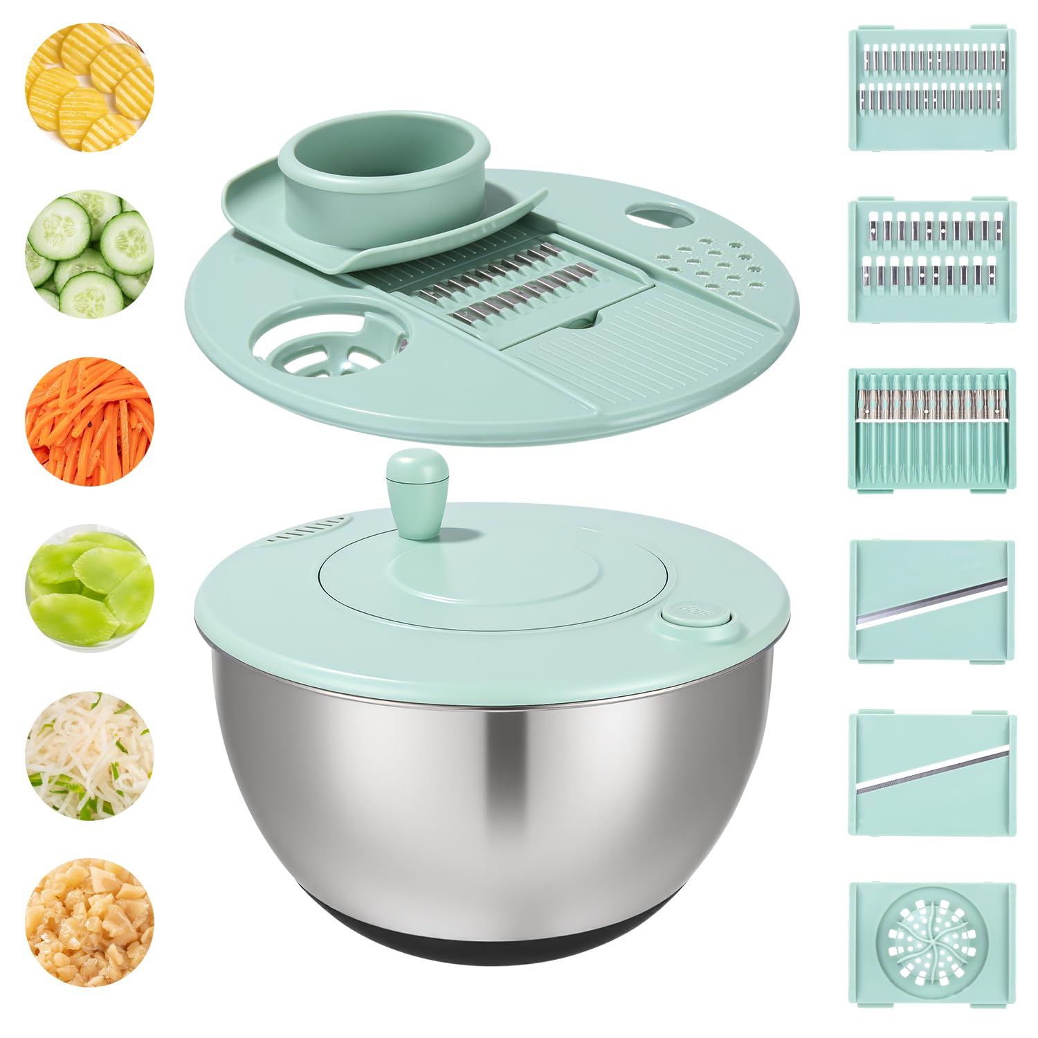 Centrifugadora de Ensalada de Inoxidable, Centrifugadora de Ensalada de 5L, Grande Centrifugador de Ensaladas, Base Antideslizante, 6 Accesorios,Apta para Lavavajillas, Escurridor Verduras