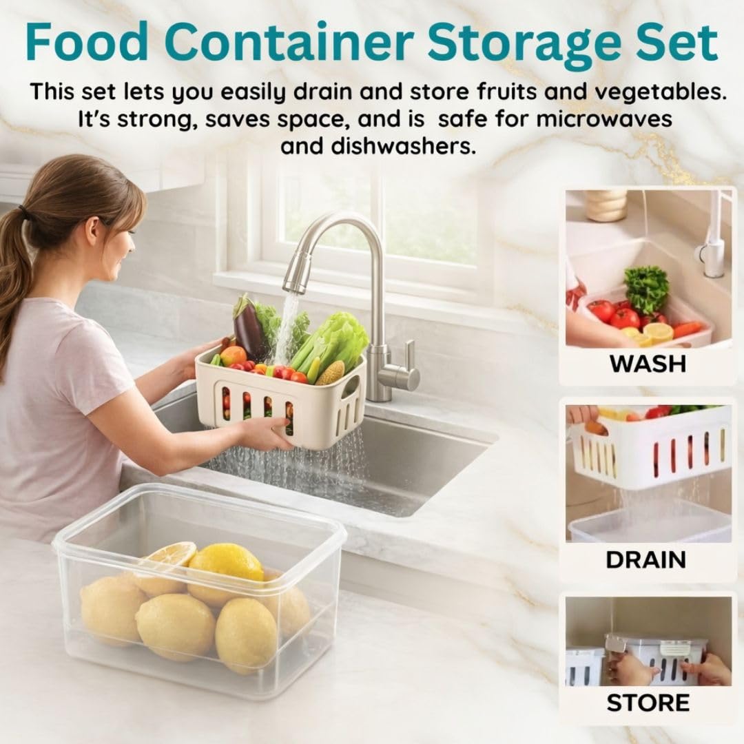 FreshLock - Juego de 5 recipientes de almacenamiento para nevera, herméticos, a prueba de fugas y aptos para microondas con colador extraíble, ideal para almacenamiento de frutas, verduras y