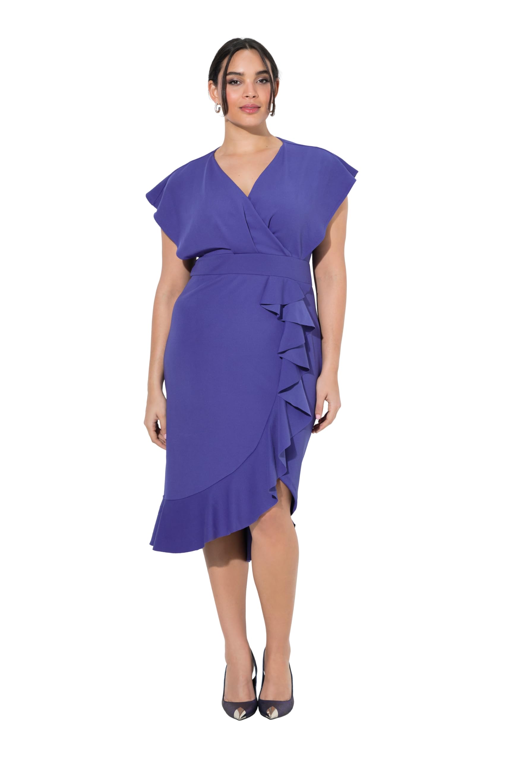 Ulla Popken Damen große Größen Übergrößen Plus Size Bodycon-Jerseykleid, Rüsche, V-Ausschnitt, Cup-Ärmel 848120