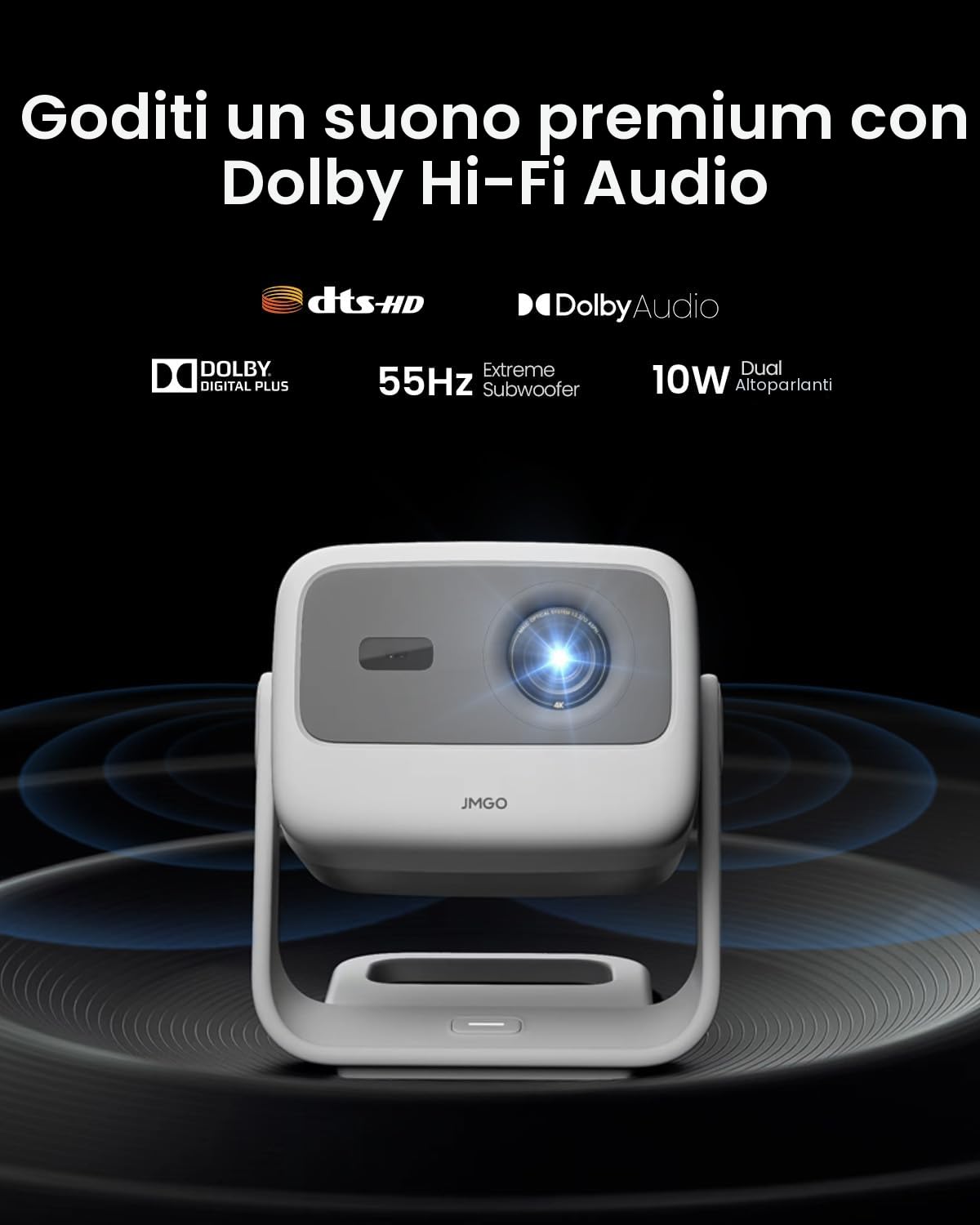 JMGO N1S 4K Mini Proiettore Portatile, Triple Laser, 1100 ISO Lumens, Gimbal Istantaneo Autofocus, Google TV, Netflix, 110% BT.2020, HDR10, Audio Dolby 10W, Blu-ray 3D, 200" per Esterno, Gaming, Feste