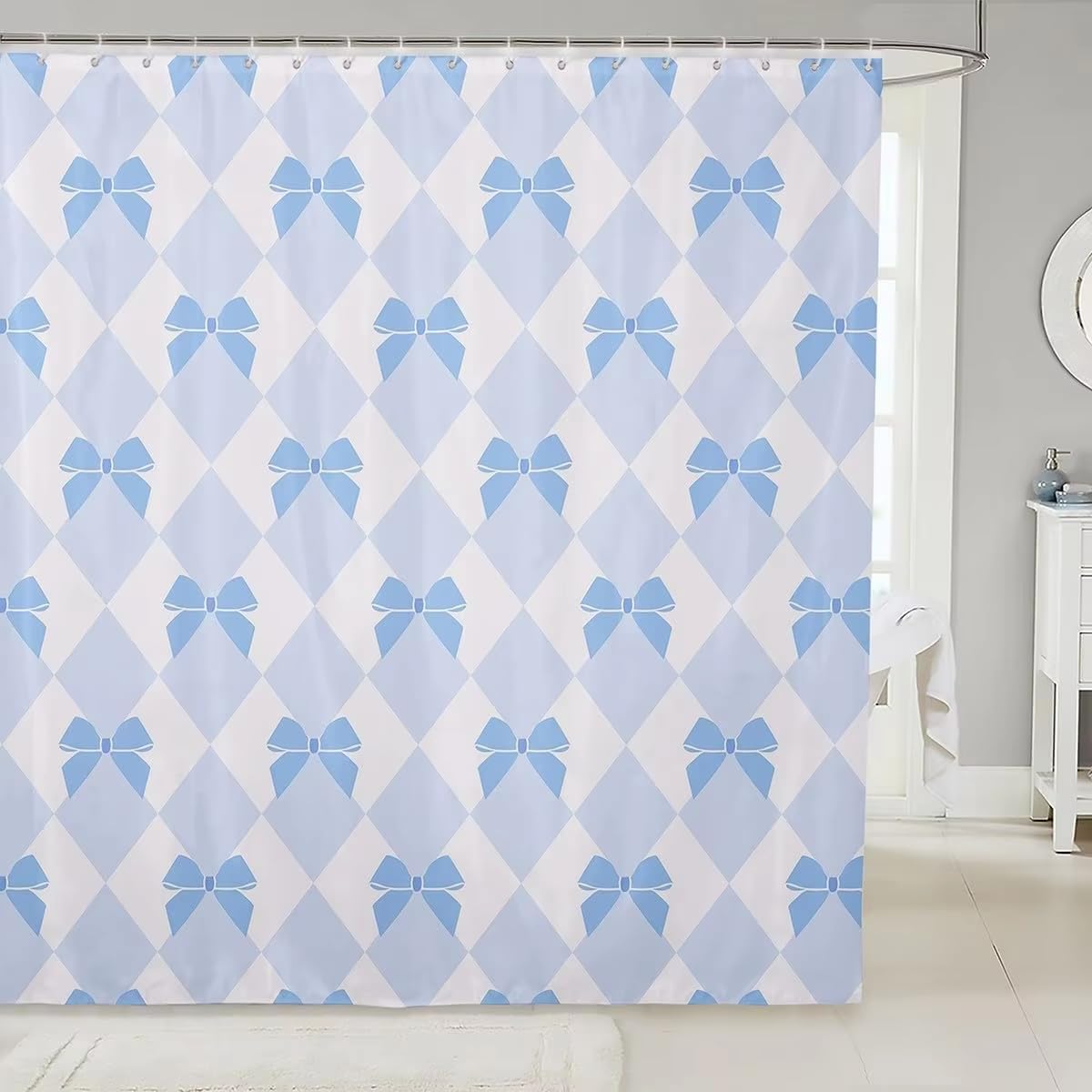 KELAIMI Argyle Bow Shower Curtain,Cute Coquette Style Geometric Bathroom Curtains,Simple Waterproof Polyester Fabric Bathtub Curtains with Hooks Blue 90X180Cm