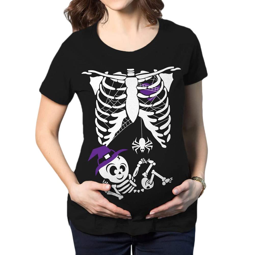 SouiWuzi SouiWuzi Top de Embarazo de Halloween, Camisetas de Embarazo de Halloween Linda Tope de Manga Corta de Estampado de Esqueleto para Maternidad púrpura 2XL
