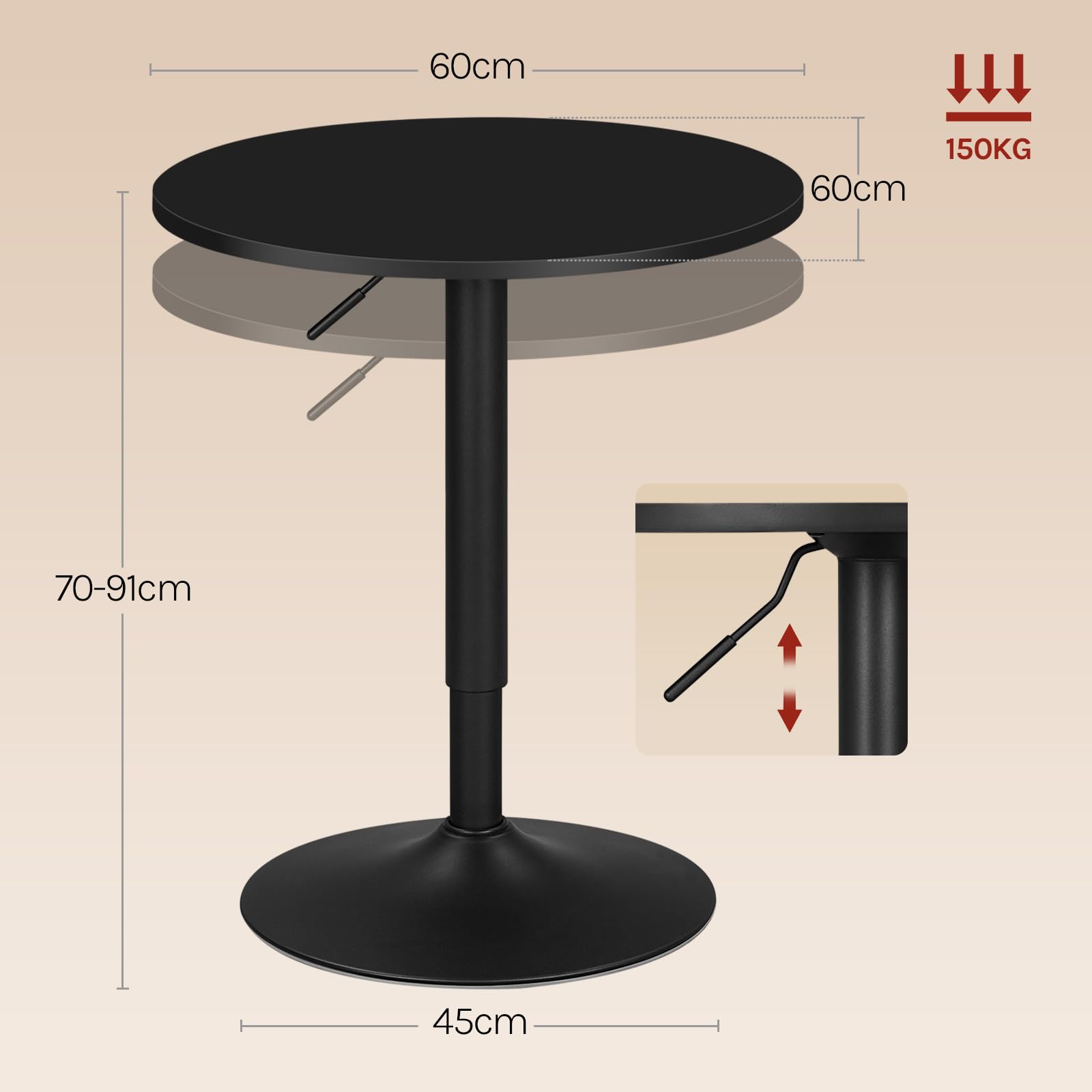WOLTU Mesa de Bar, Regulable en Altura, 360 Grados Giratorio, Hecha de MDF, Redonda para Cocina, Bar, Negro Redondo