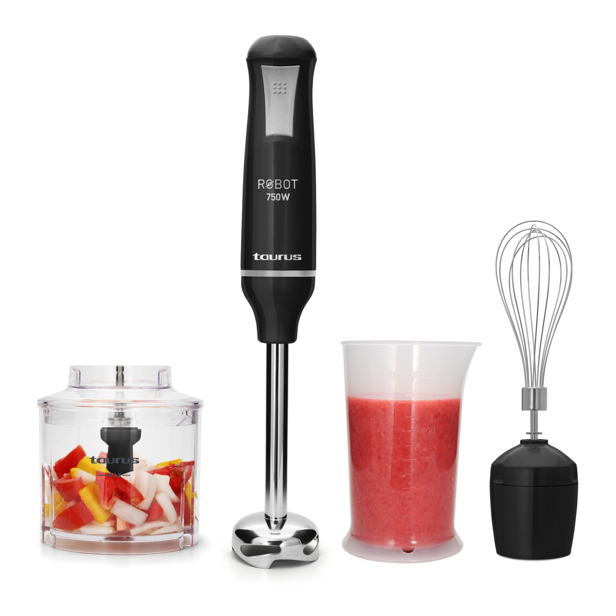 TAURUS ROBOT 500 INOX COMPLETE | Immersion Blender 500 W | Stainless Steel | Detachable Rod | Turbo Rotation System | Pulse Control | Ergonomic and Anti-Splash | Accessories included
