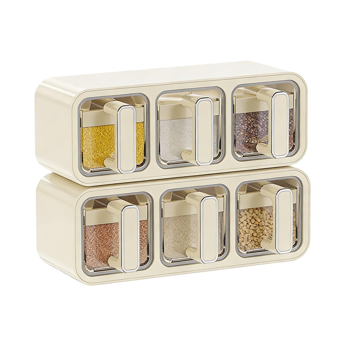 2-Pack 3-Grid Spice Box with Handle & Serving Spoon, Clear Spice Jars with Lids and Labels, Stackable Spice ContainersSalt Jar, Kitchen Storage Organizer (26.2 x 9.5 x 9.5cm, Transparent Plastic)