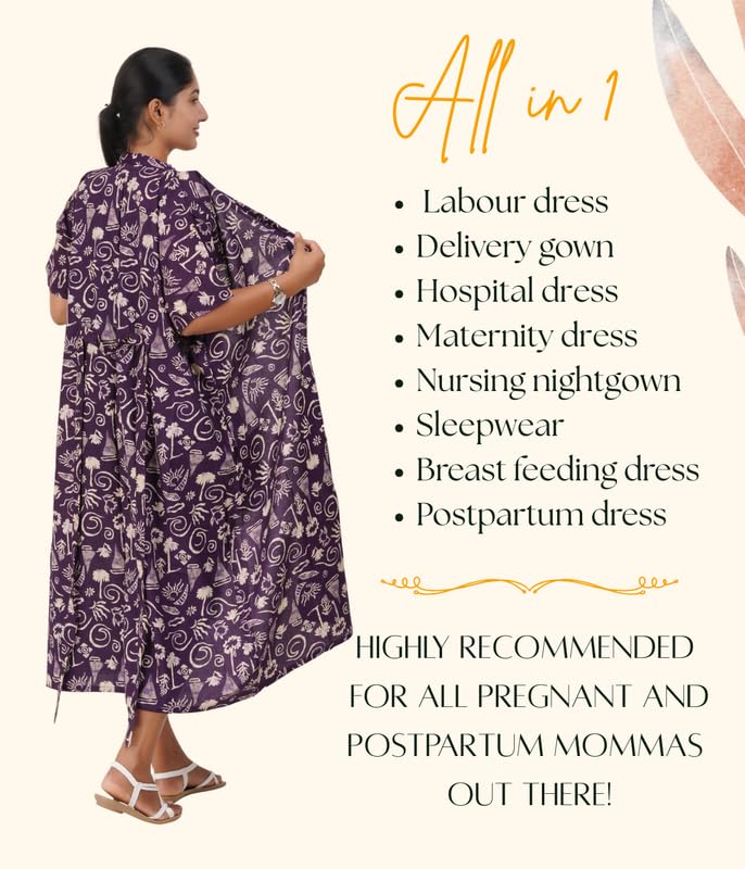 Image of MENMAII Cotton Feeding Robe for Women | Soft Breathable Maternity & Nursing Wear | Front Open Easy Feeding Access | Comfortable Nightwear for New Moms|Calf Length [Size: L,XL,XXL,3XL /FS]
