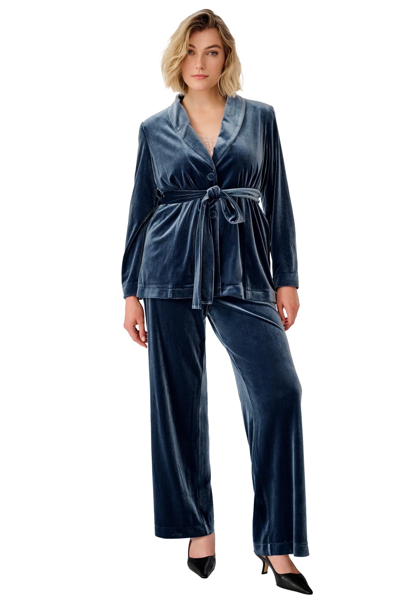 ellos Plus Size Velvet Wide Leg Pants - 18 Dusty Navy