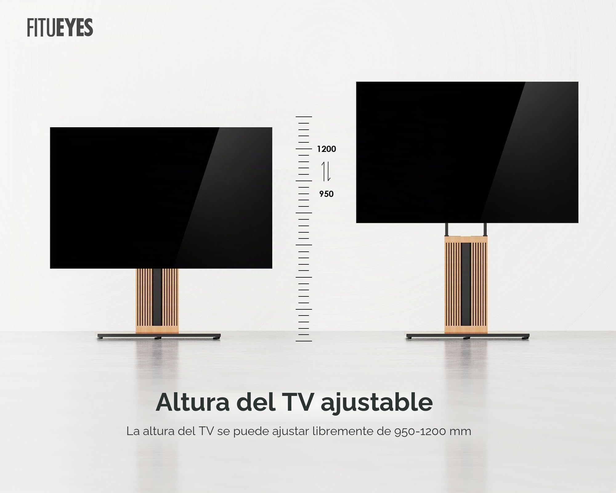 FITUEYES Soporte TV Pie de 43"-88" Pulgadas Soporte TV Suelo de Madera de Haya Pie Altura Ajustable y Giro Negro Serie Zen