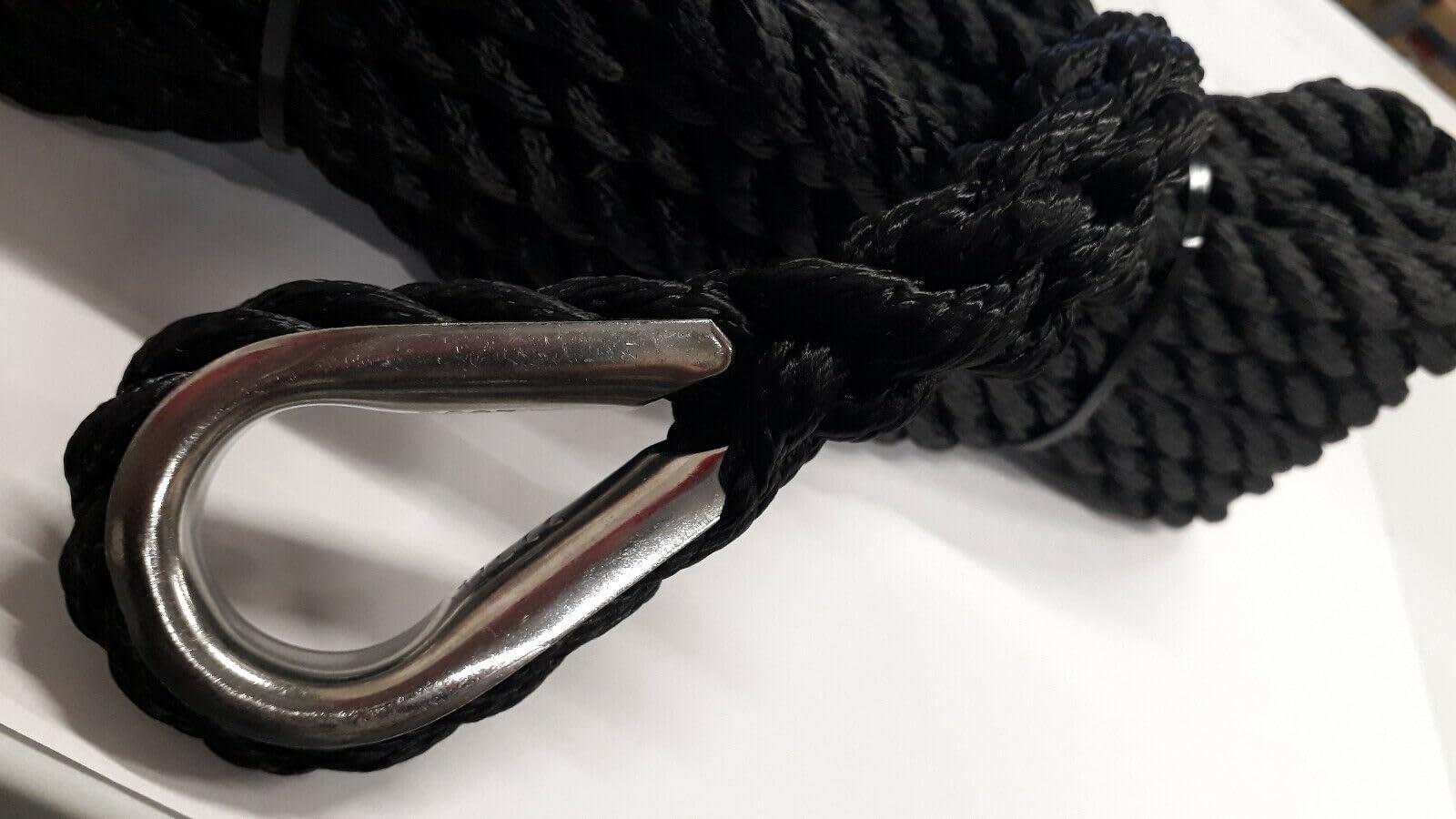 Corde Amarre Diamètre 12mm Bout Longueur 6 mètres Noir Cosse Coeur INOX Epissure Haute Résistance Bateau