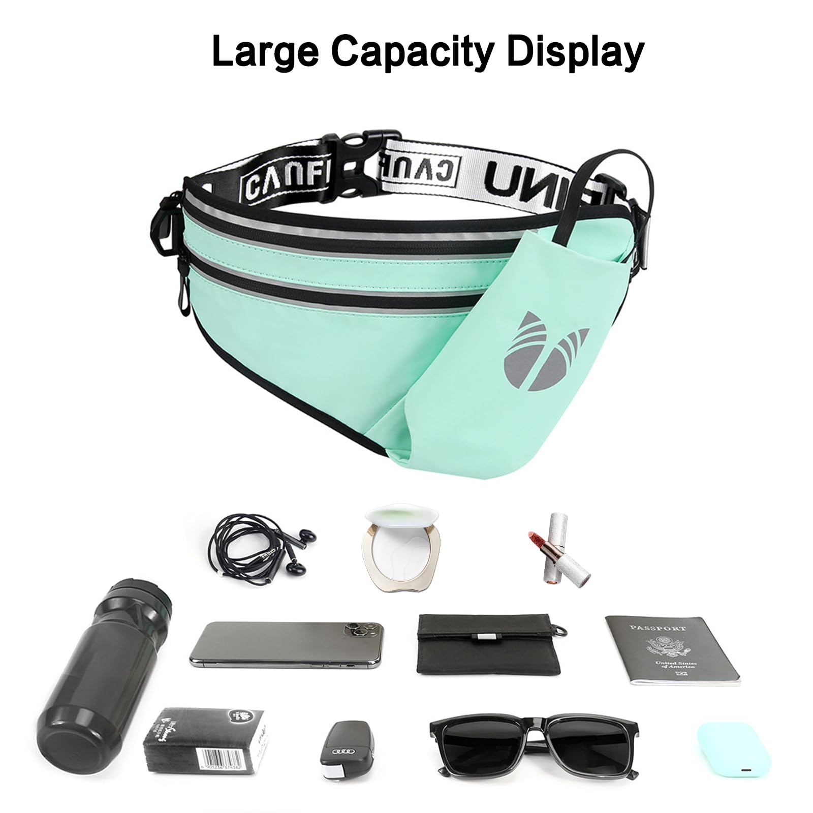 Marsupio Fanny Pack Bag Sportiva Impermeabile Marsupio con Portabottiglia Design Riflettente Cintura Regolabile (65-128CM) per Uomini Donne Corsa Trekking Viaggio Ciclismo Argento