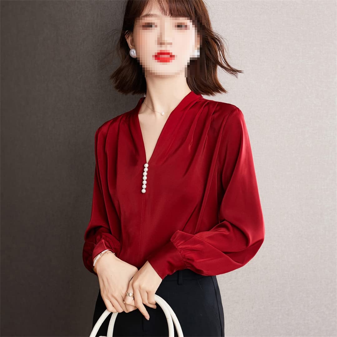 Chemise à Manches Longues à col en V pour Femmes Printemps Casual Blouse de Travail de Bureau en Vrac Chemises en Mousseline de Soie plissée perlée