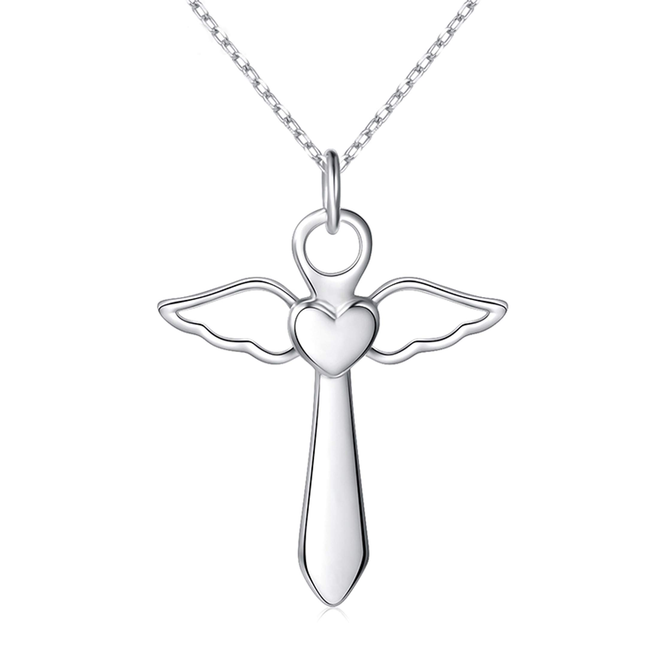 Jewanfixsilver cross necklaces for women,Guardian Angel Cross Pendant Stainless Steel necklace jewelry gifts for women teen girls